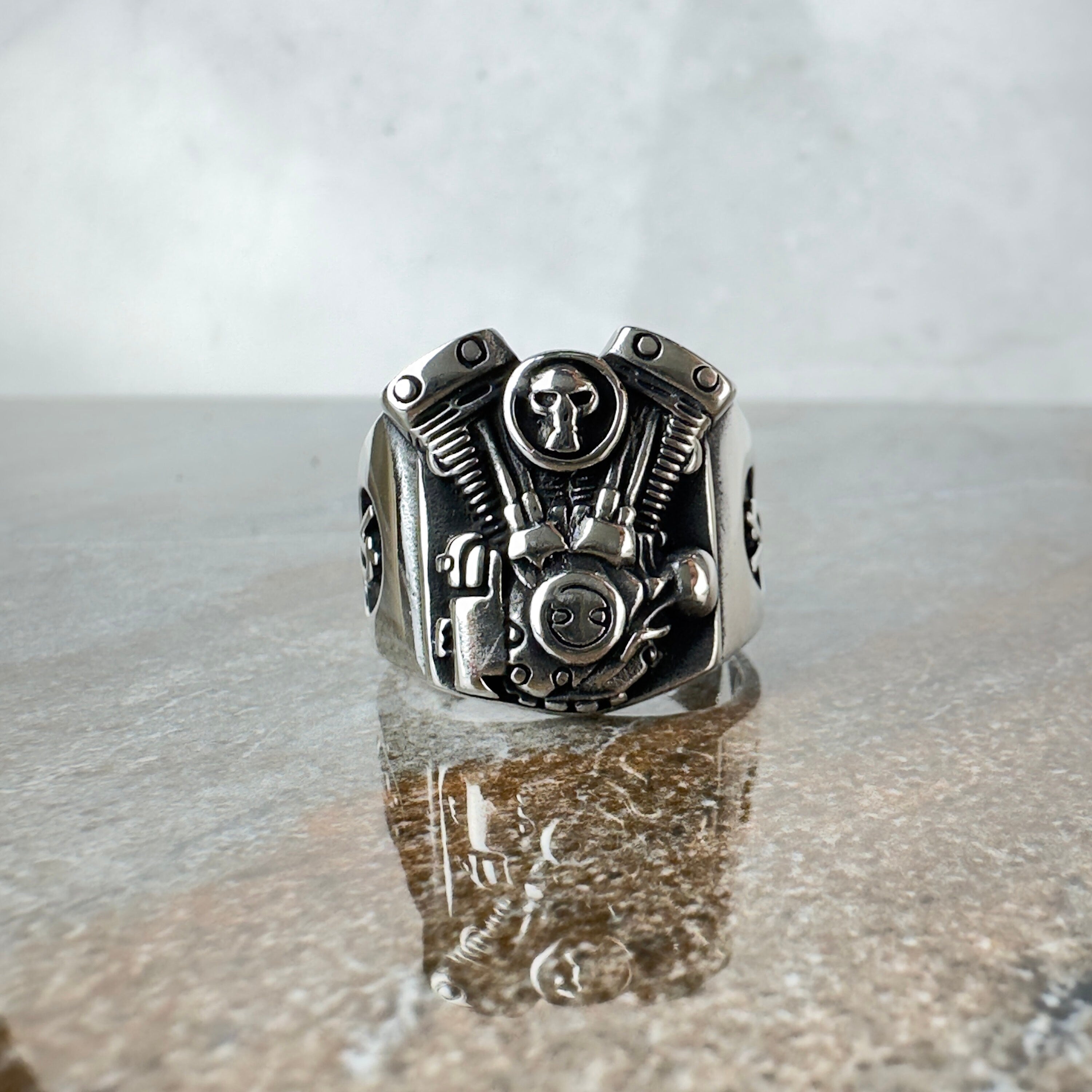 Engine Skull Motorcycle Ring: Handmade Sterling Silver