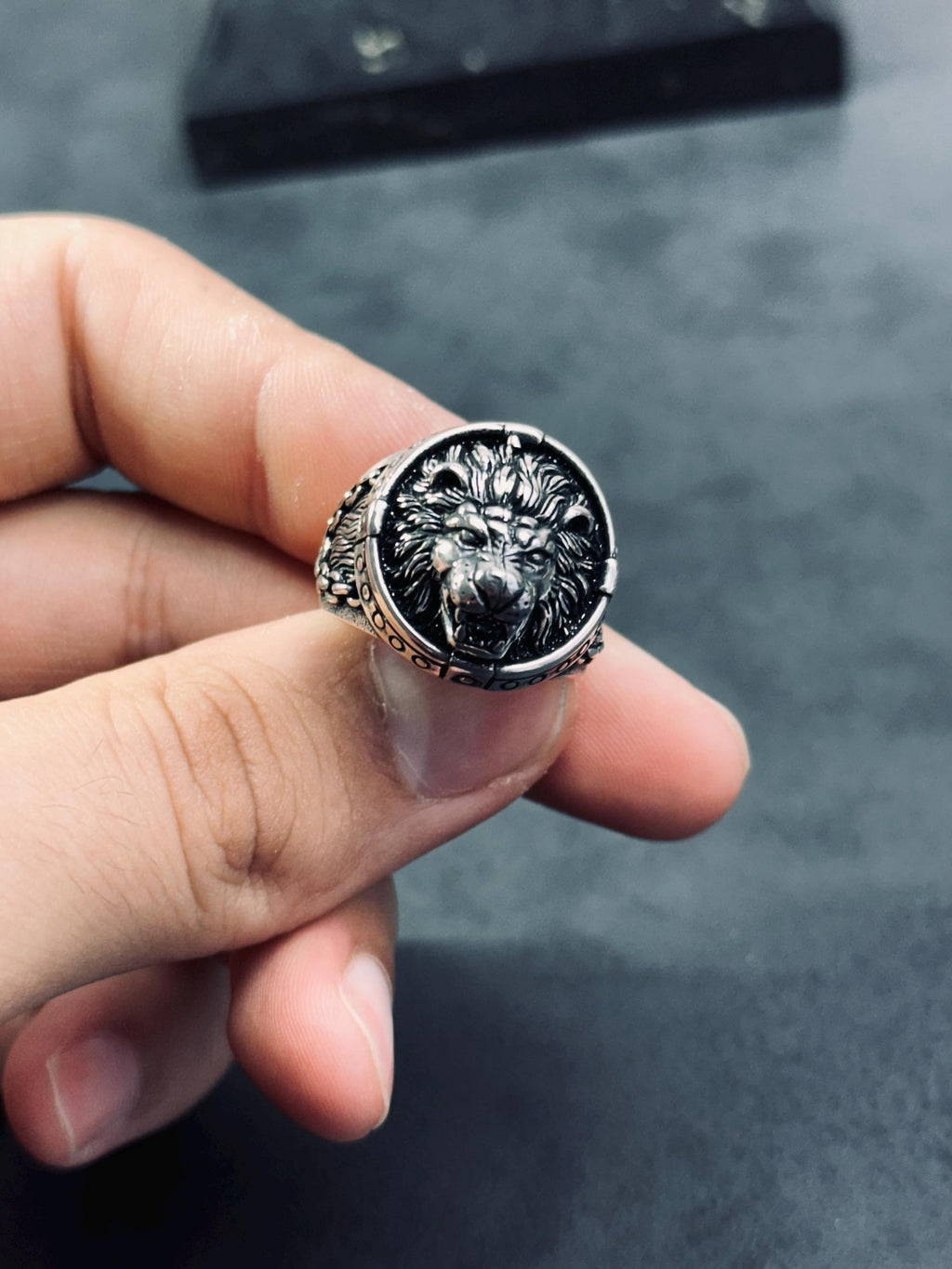 Sterling Silver Lion Ring, Handmade Oxidized Design (Men's Size)