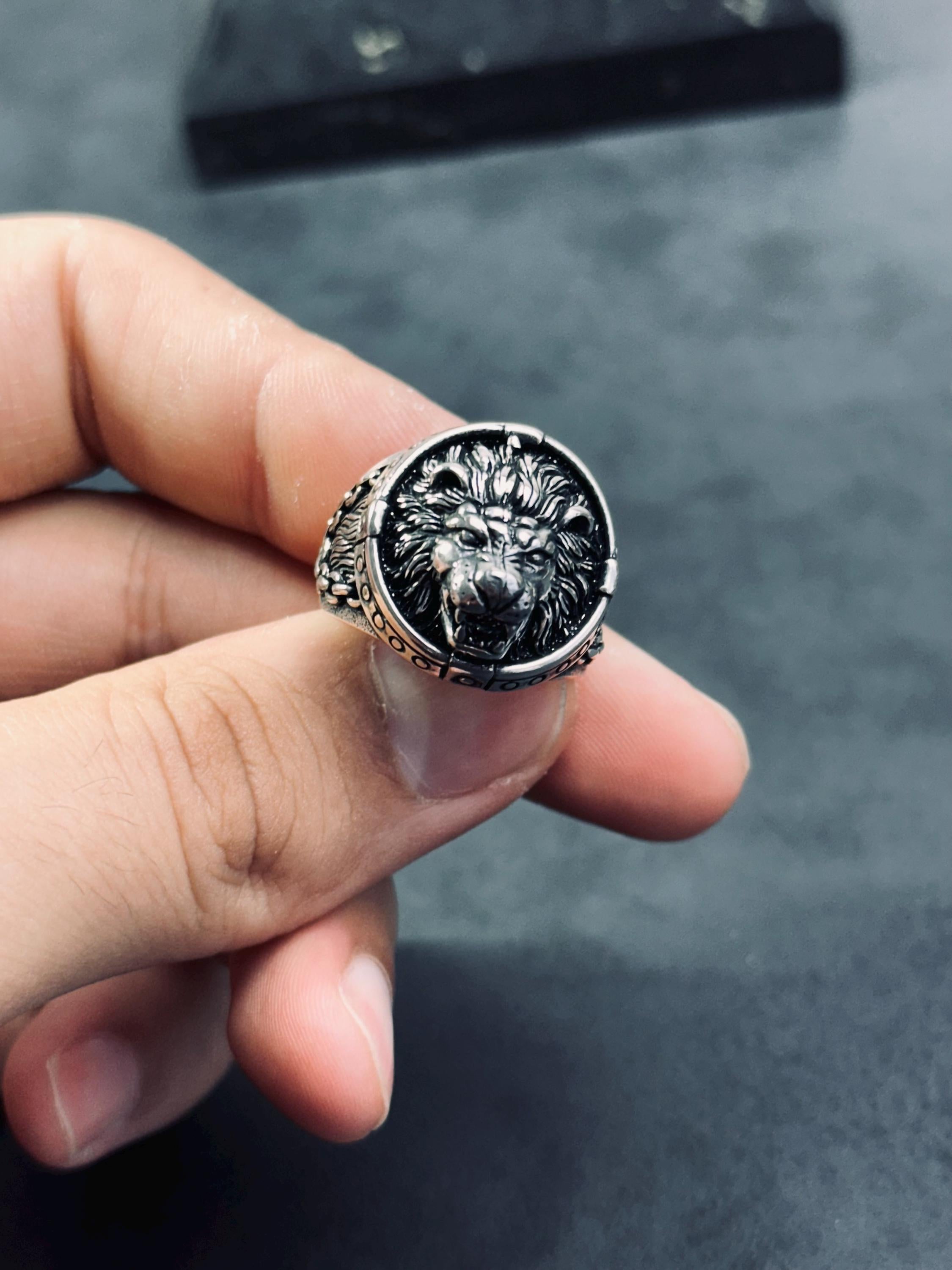 Sterling Silver Lion Ring, Handmade Oxidized Design (Men's Size)