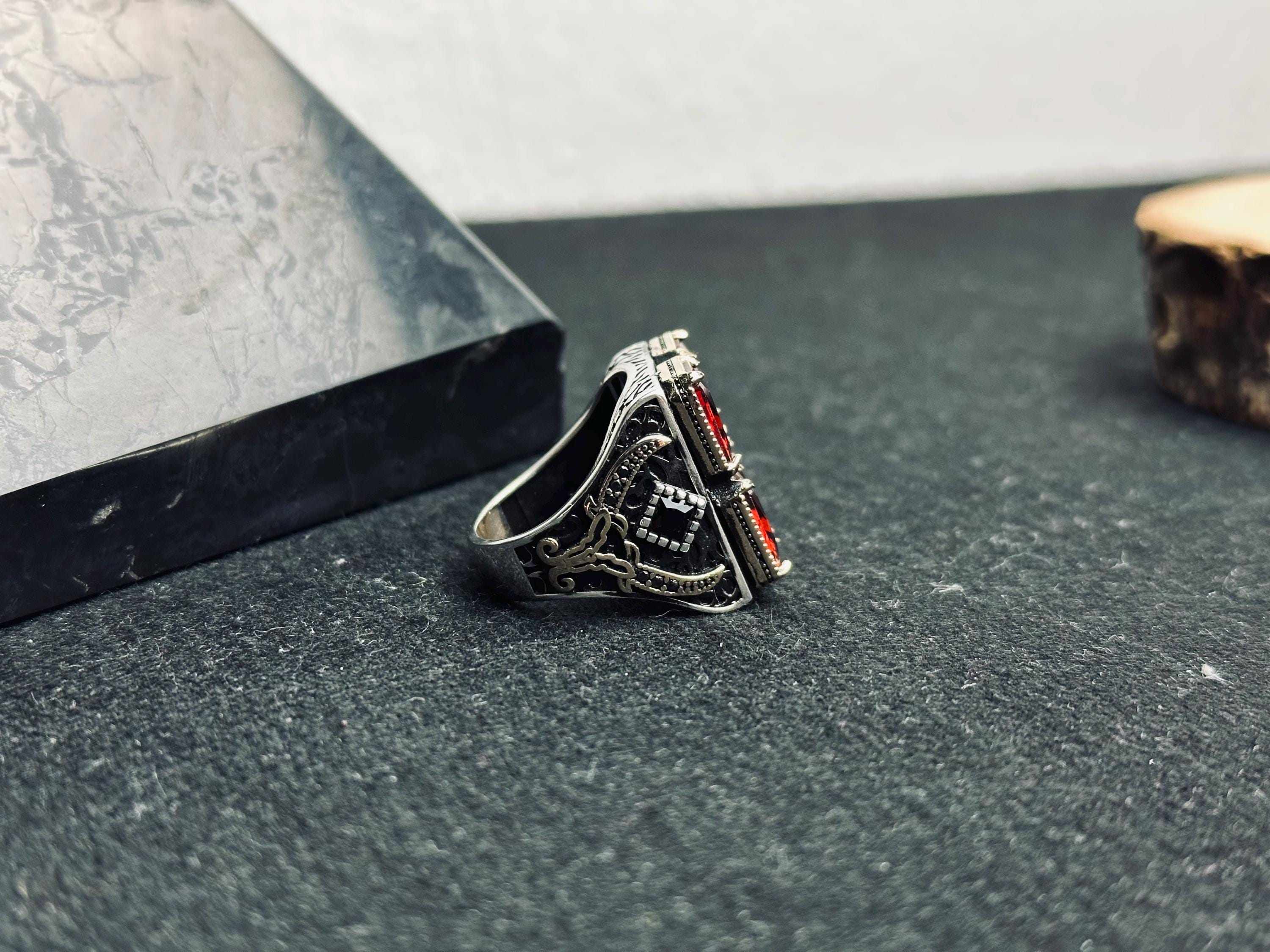Men’s Ruby Silver Ring - Bold Four Stone Square Handmade Style
