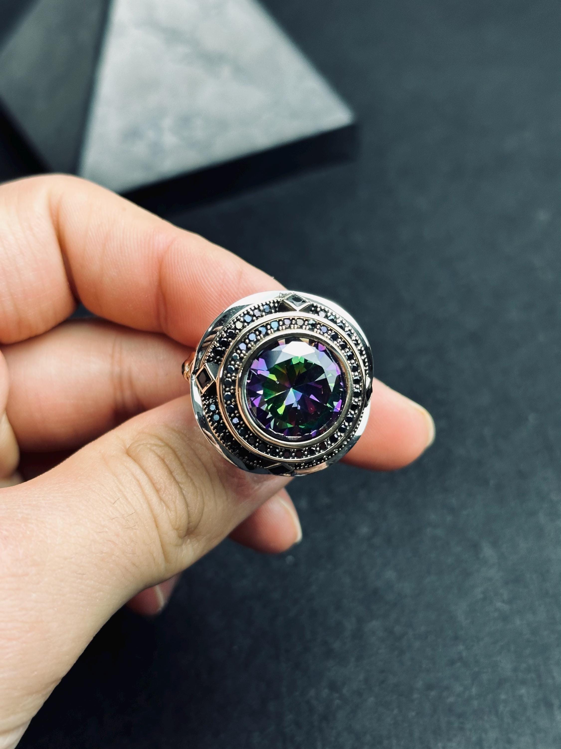 Mystic Topaz Men's Ring: Handmade Sterling Silver, Turkish Gemstone