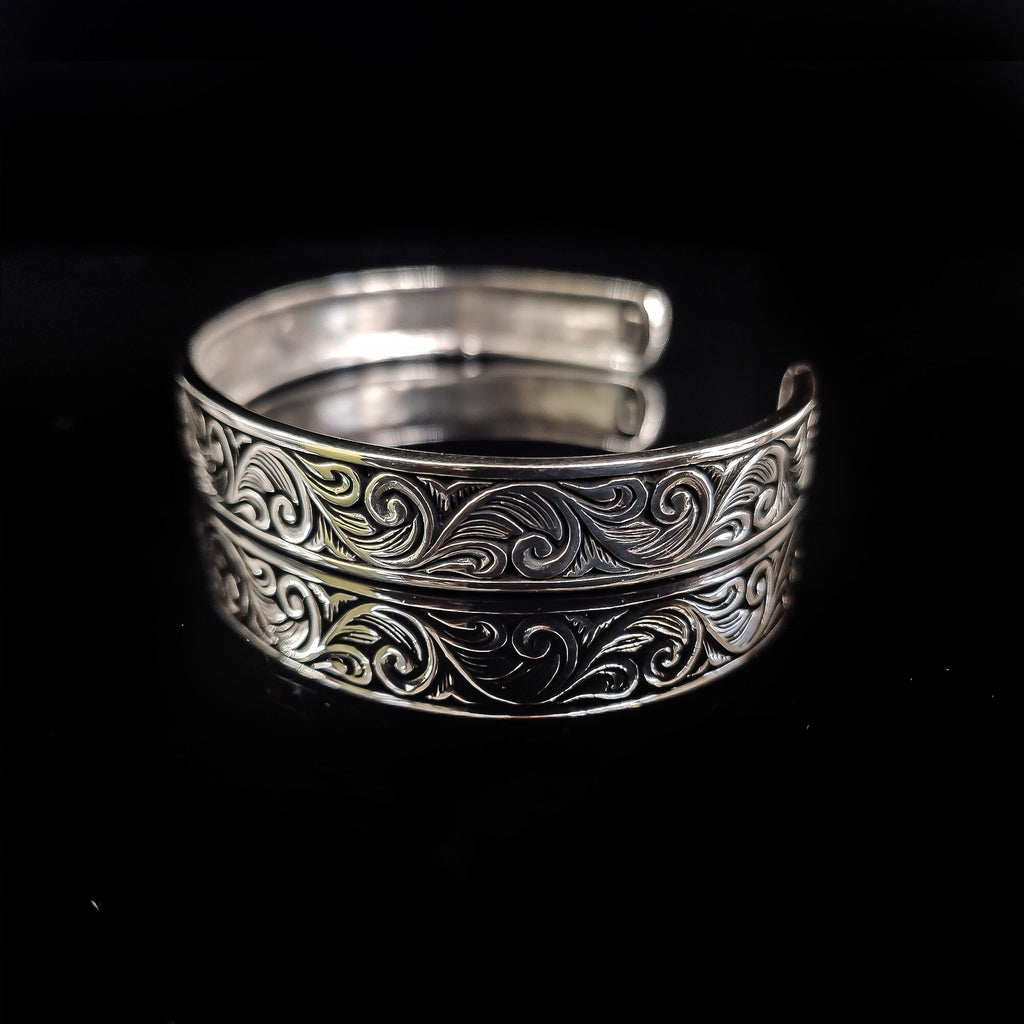 Sterling Silver Cuff Bracelet: Handmade Engraved - Adjustable Fit
