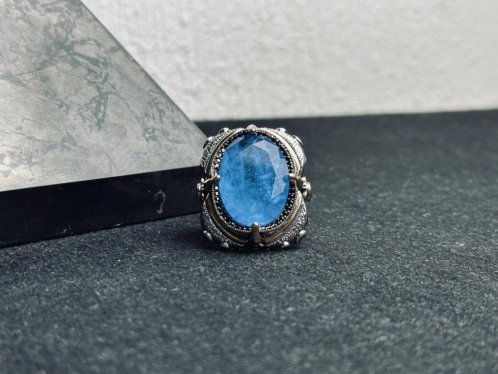 Handmade Sterling Silver Men’s Ring with Large Blue Gemstone – Vintage Ottoman Style Statement Ring, Bold Warrior Ring, Gift for Him
