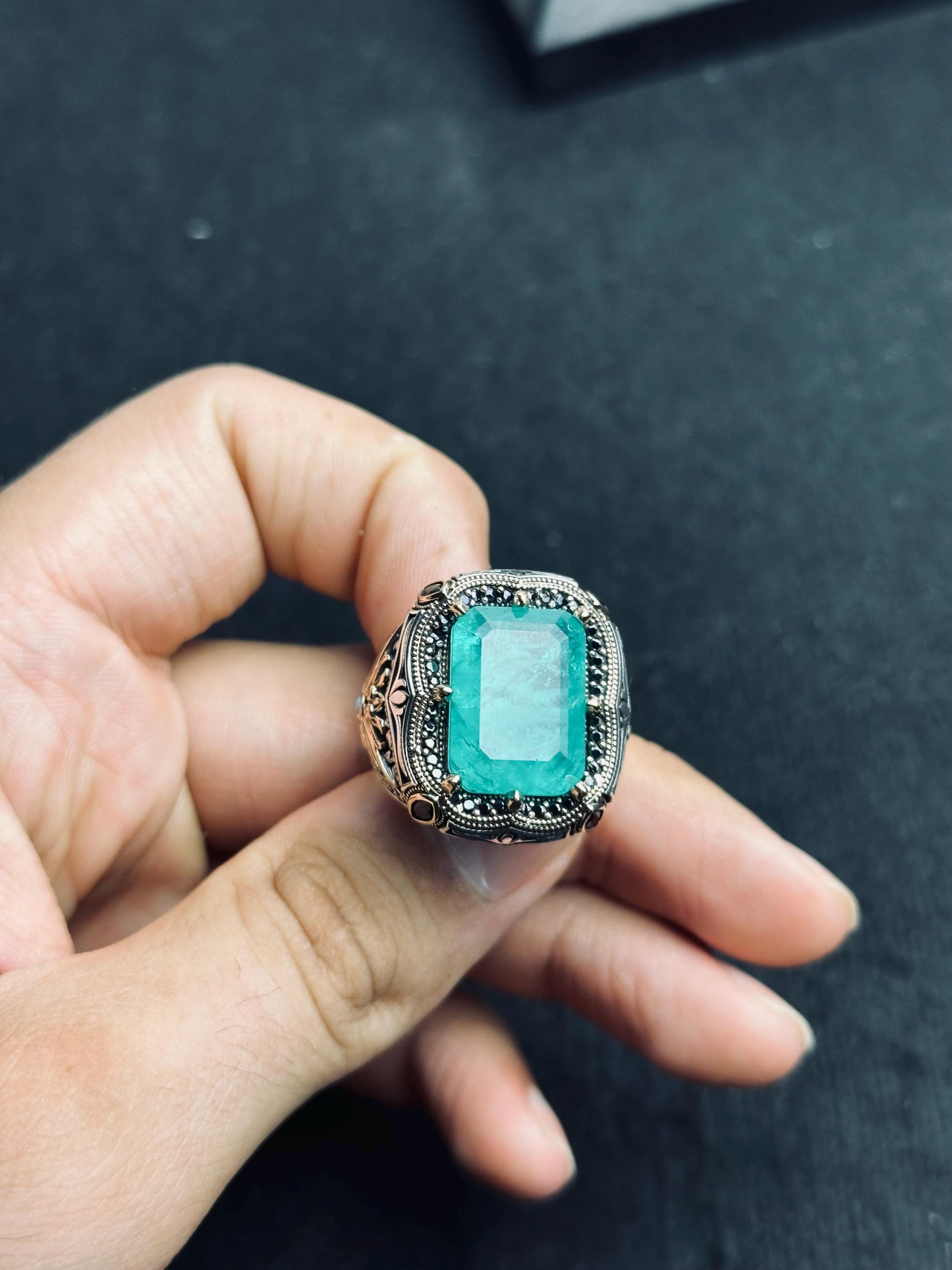 Statement Silver Ring: Turkish Aquamarine Square - Handmade Sterling