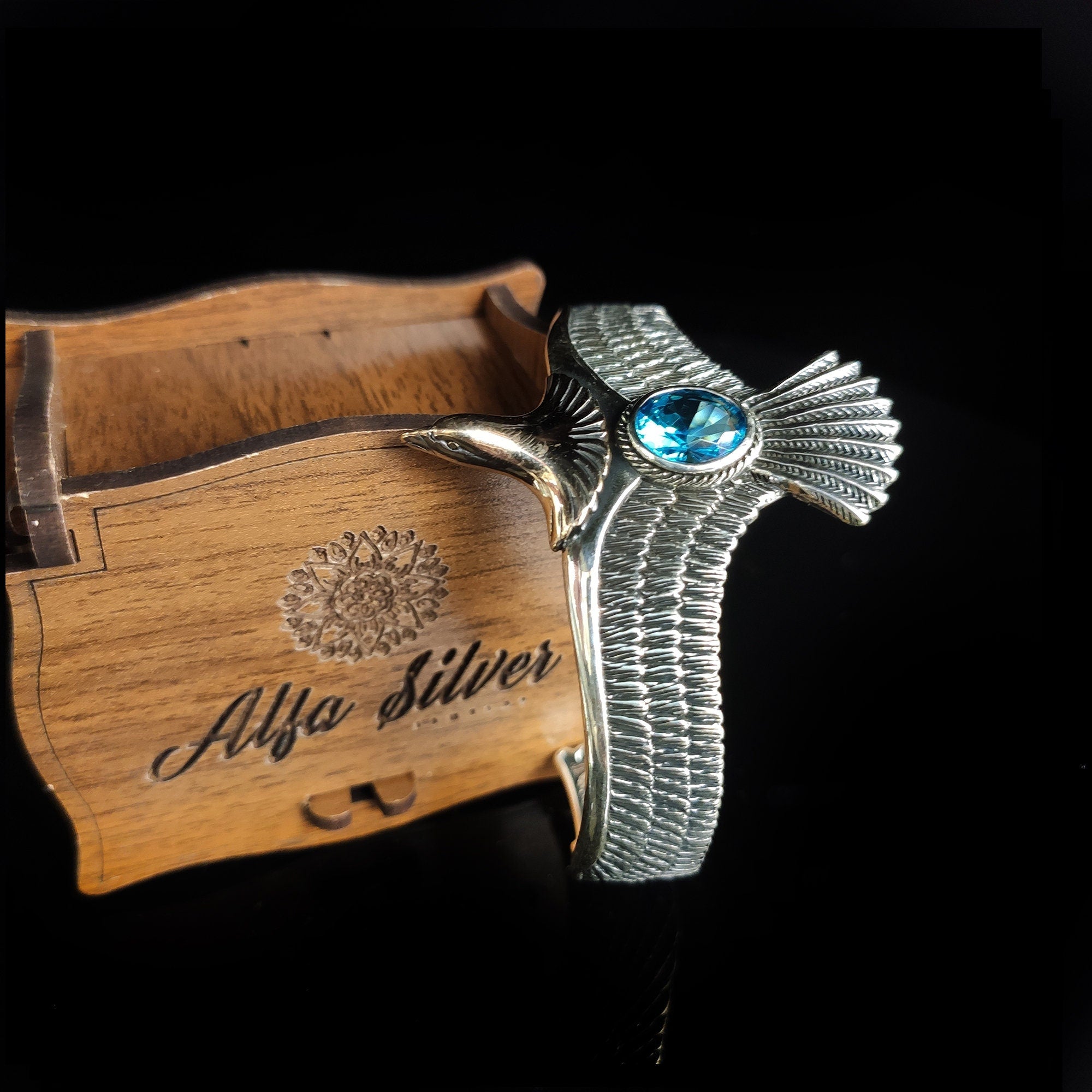 Silver Eagle Bracelet: Handmade Cuff with Aquamarine (Men's Jewelry)