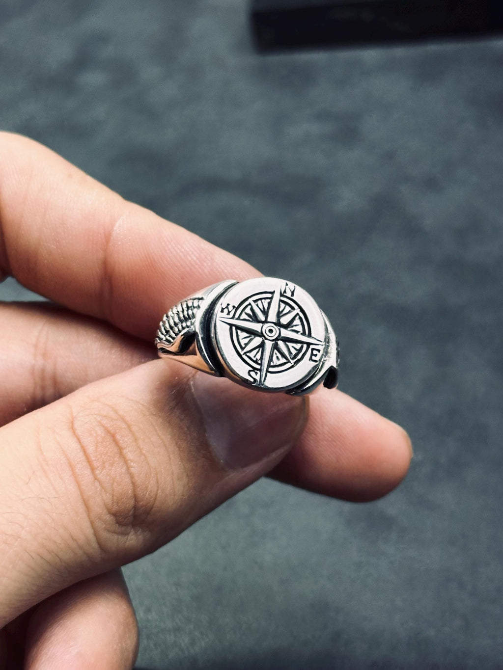 Travel Compass Ring, Sterling Silver, Handmade (Men's Sizes)