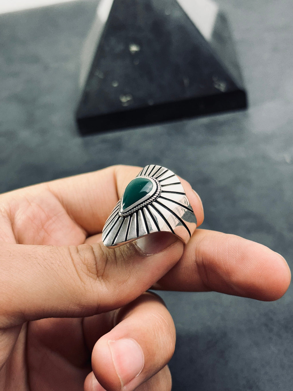 Men's Sterling Silver Ring, Green Agate Stone (Bold Signet Style)