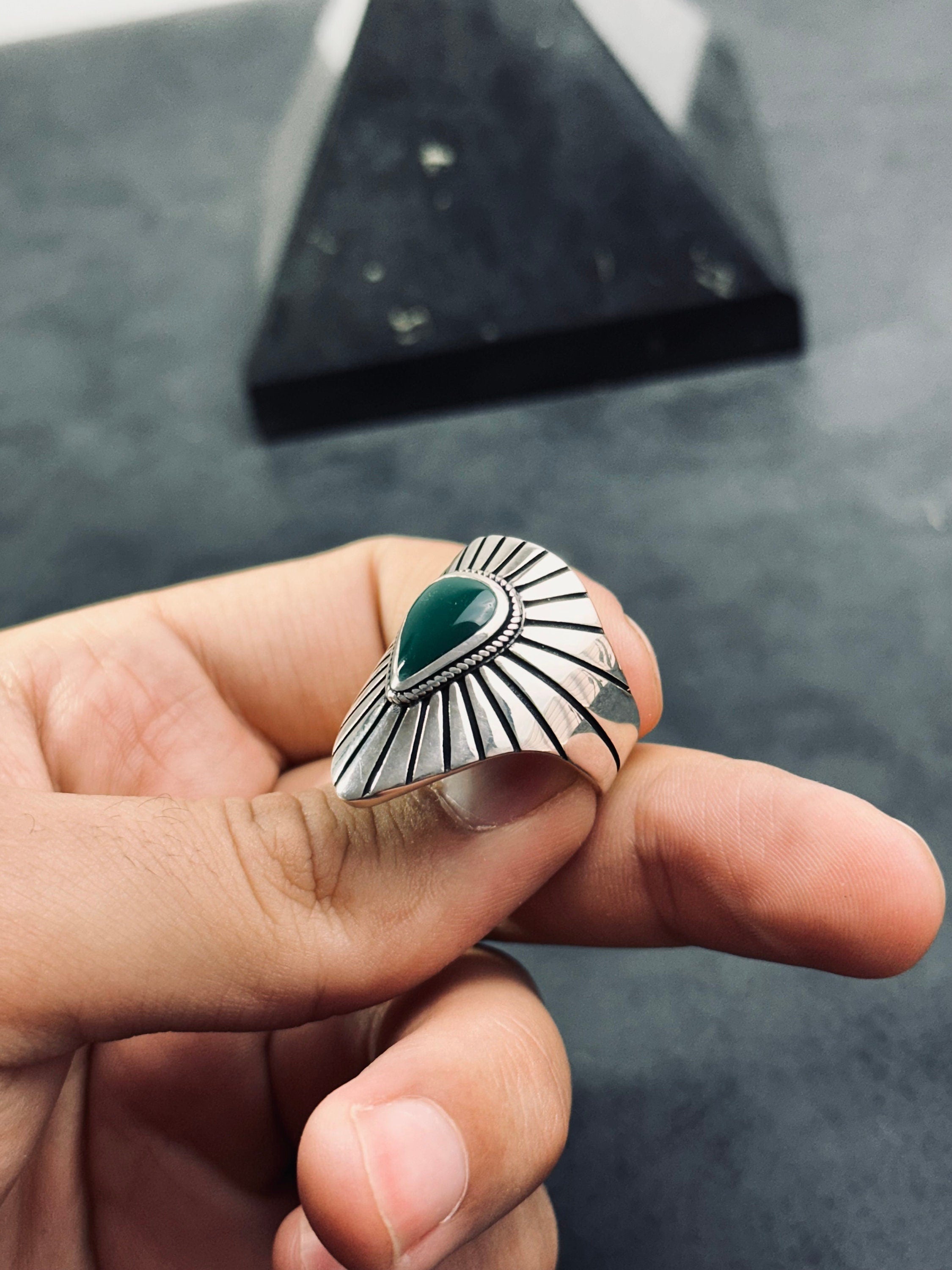 Men's Sterling Silver Ring, Green Agate Stone (Bold Signet Style)