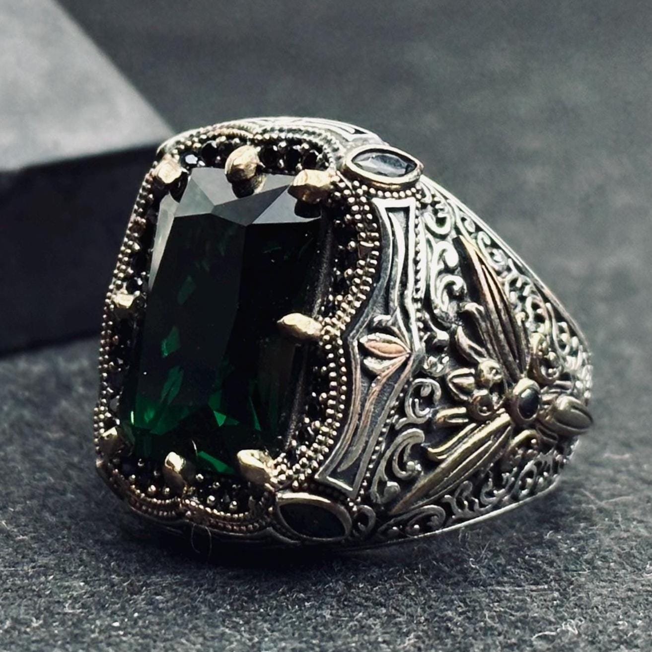 Emerald Men's Ring - Bold Handmade 925 Sterling Silver Turkish Style