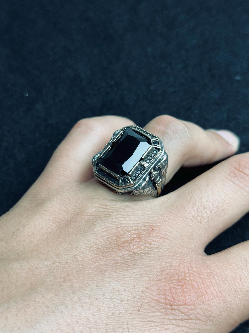 Men's Sterling Silver Ring: Black Zircon, Eagle Motif - Handmade