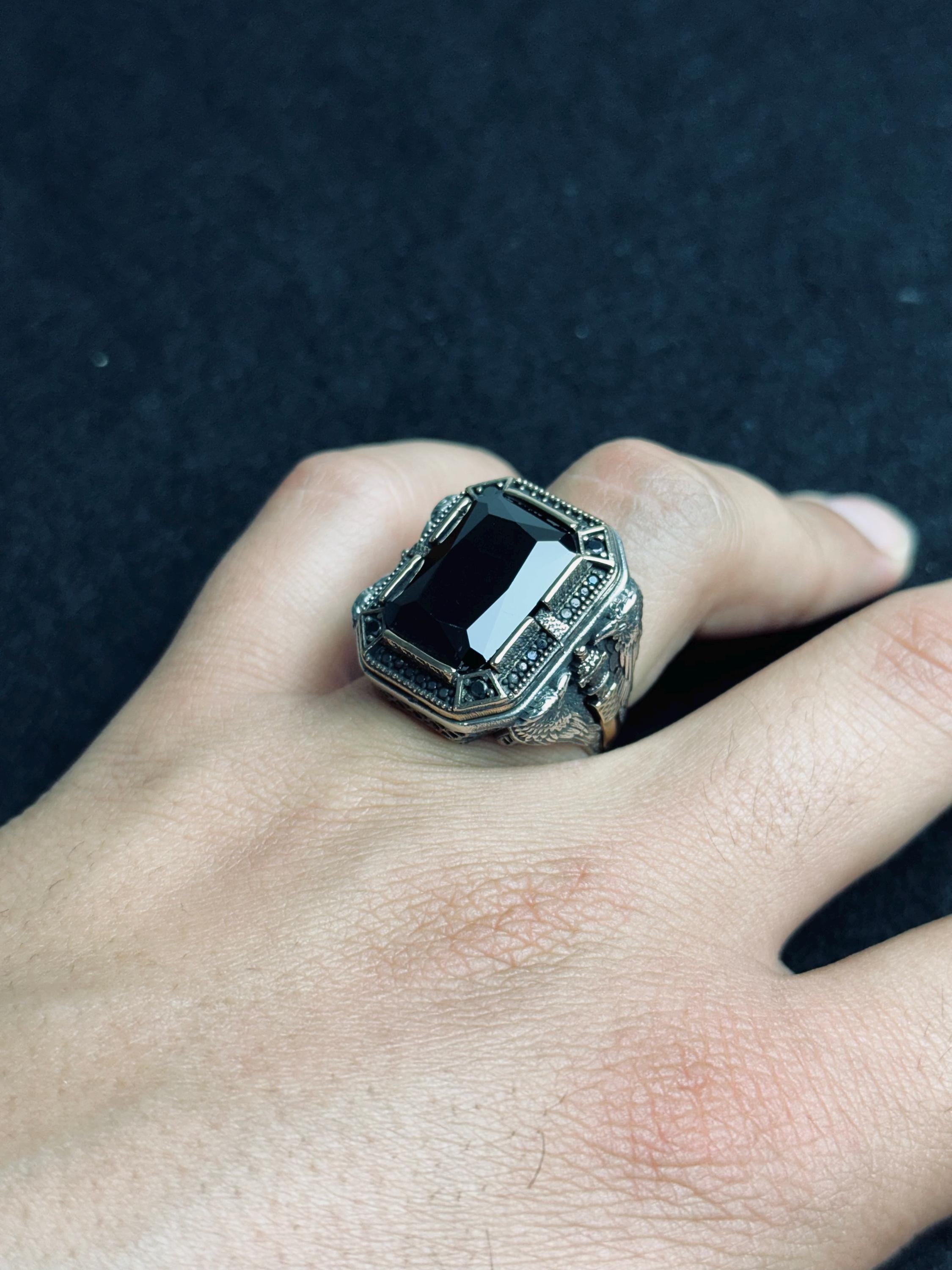 Men's Sterling Silver Ring: Black Zircon, Eagle Motif - Handmade