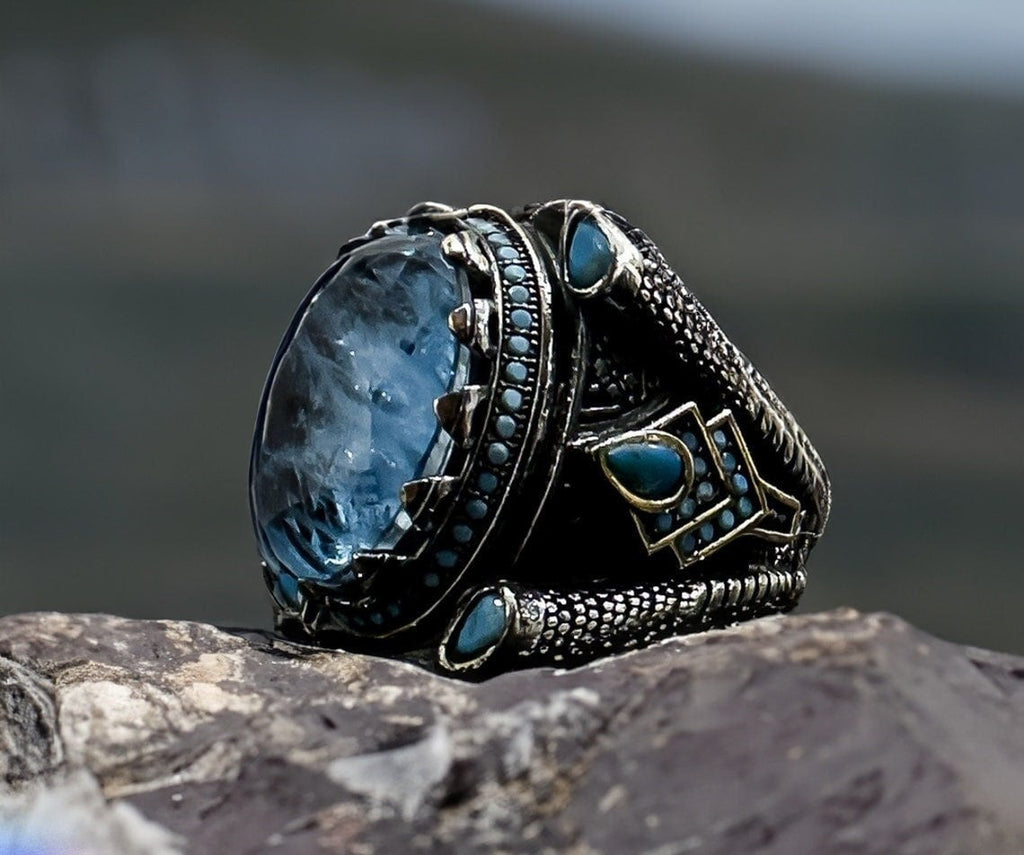 Paraiba Tourmaline  Mens Ring - Sterling Silver, Handmade with Eagle Motif