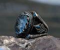 Paraiba Tourmaline  Mens Ring - Sterling Silver, Handmade with Eagle Motif