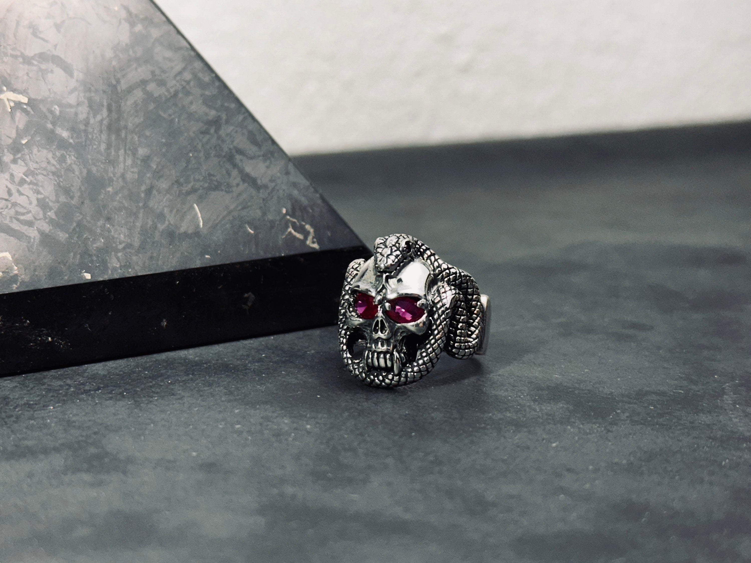 Sterling Silver Skull Snake Ring - Gothic Biker Style Jewelry