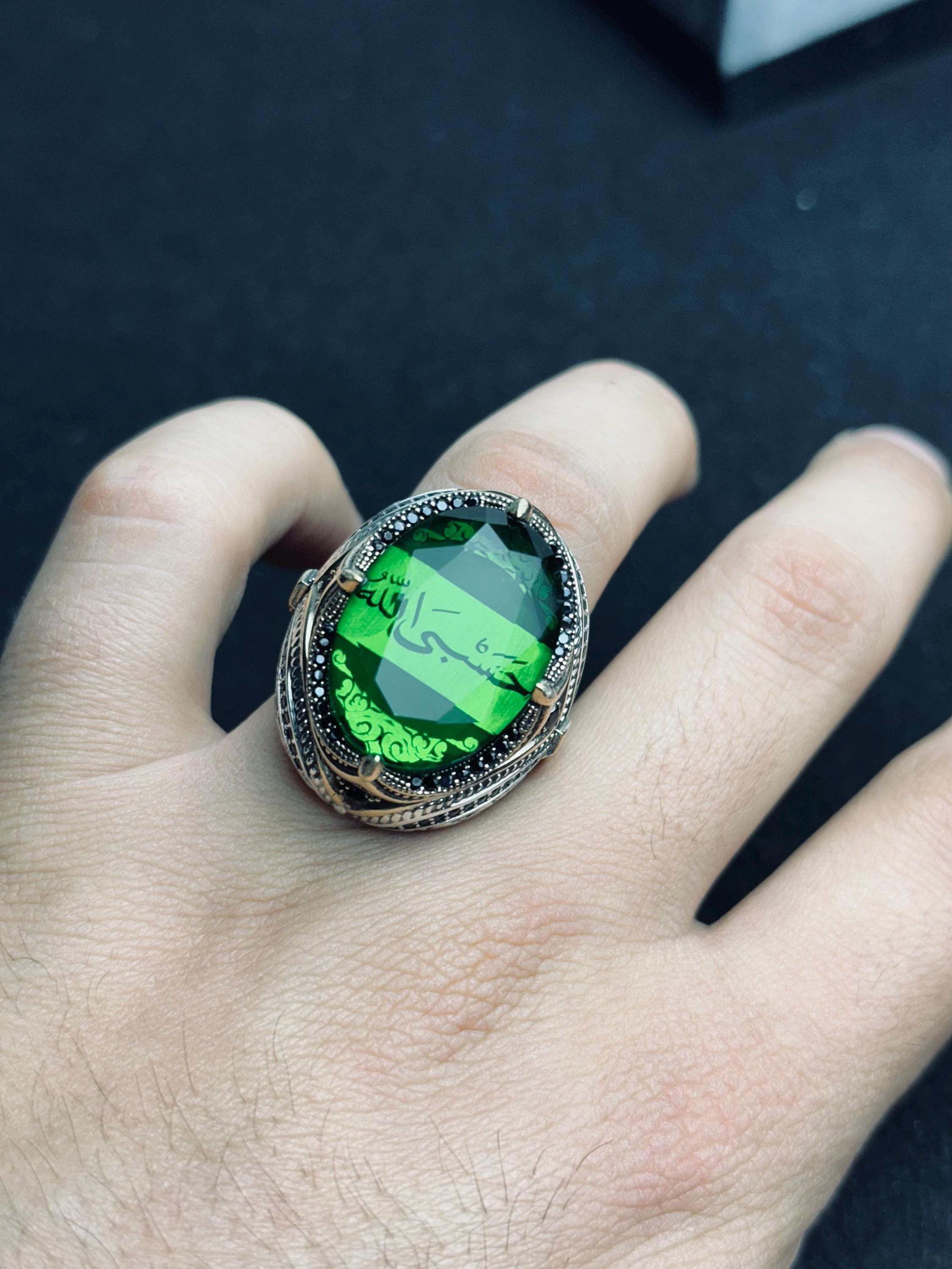 Emerald Islamic Ring: Sterling Silver, Quran Verse, Handmade