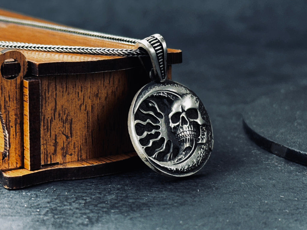 Silver Skull Moon Necklace: Gothic Jewelry (Pendant with Chain)