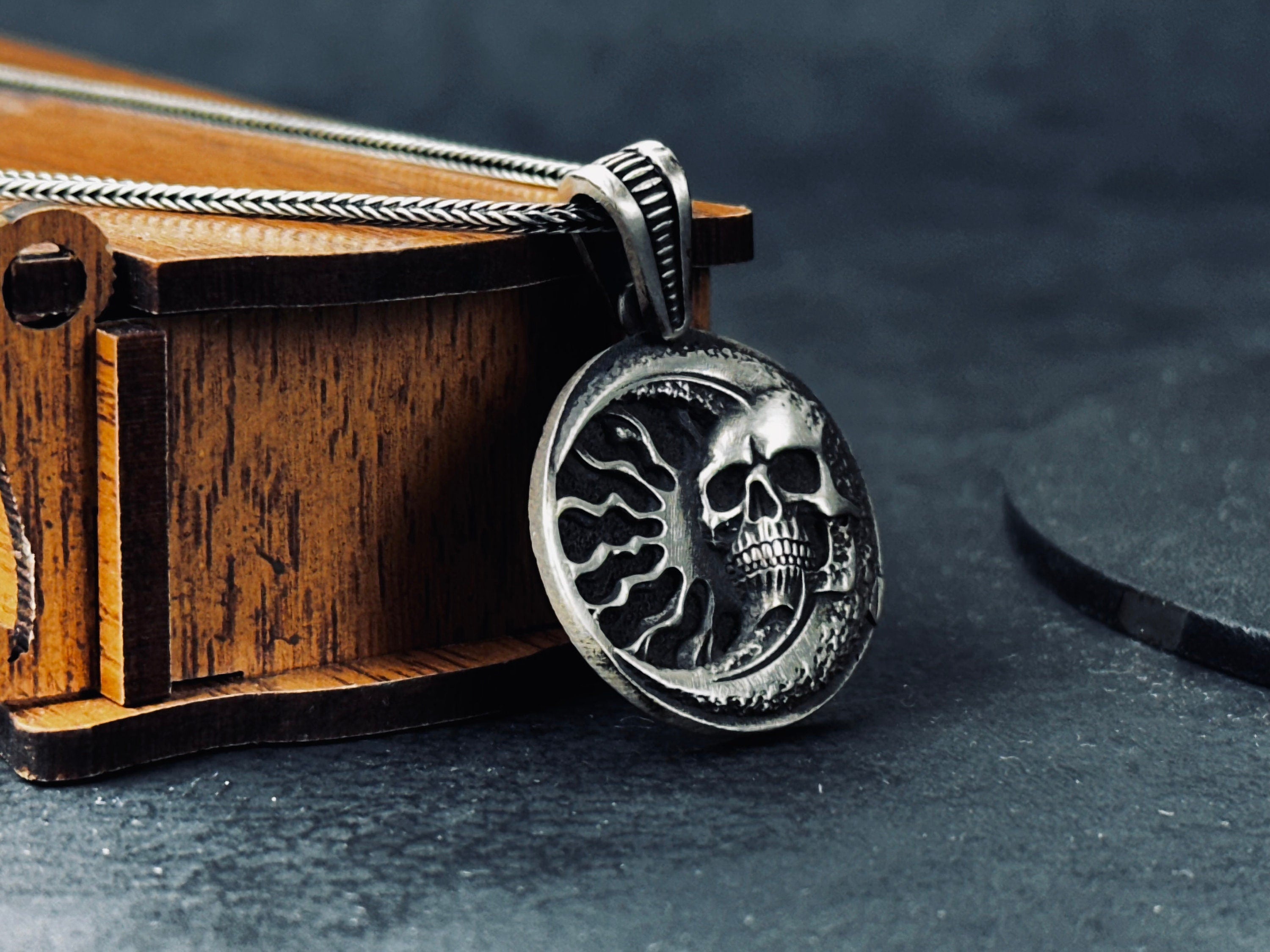 Silver Skull Moon Necklace: Gothic Jewelry (Pendant with Chain)