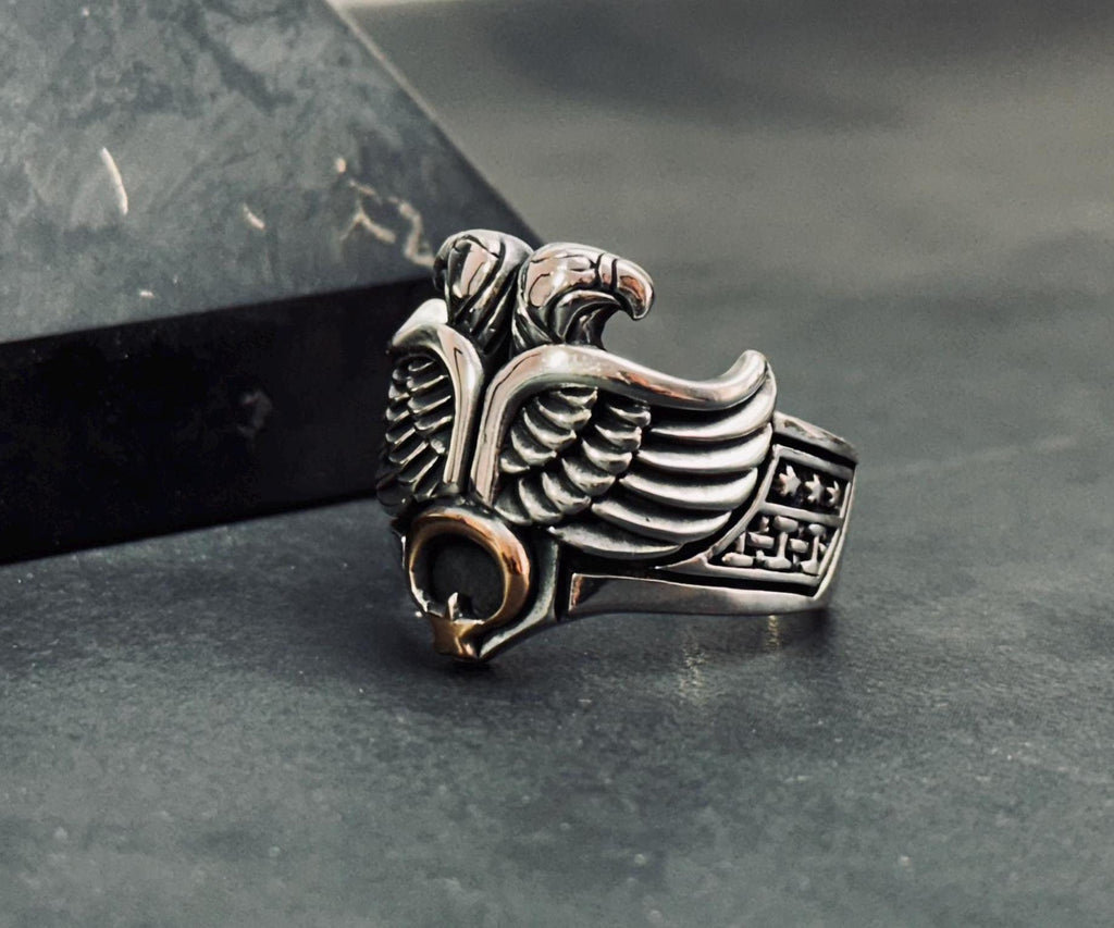 Sterling Silver Eagle Ring: Double-Headed Design - Bold Statement