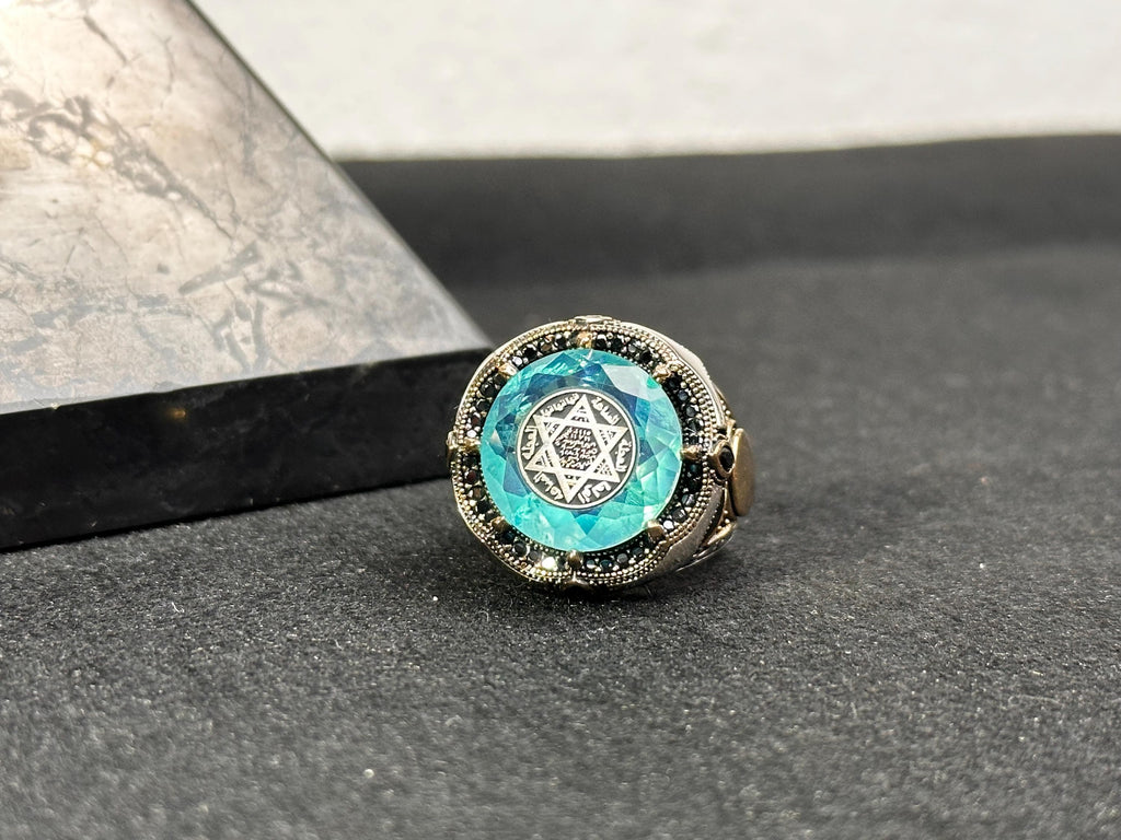 Sterling Silver Seal of Solomon Ring: Paraiba Tourmaline Gemstone