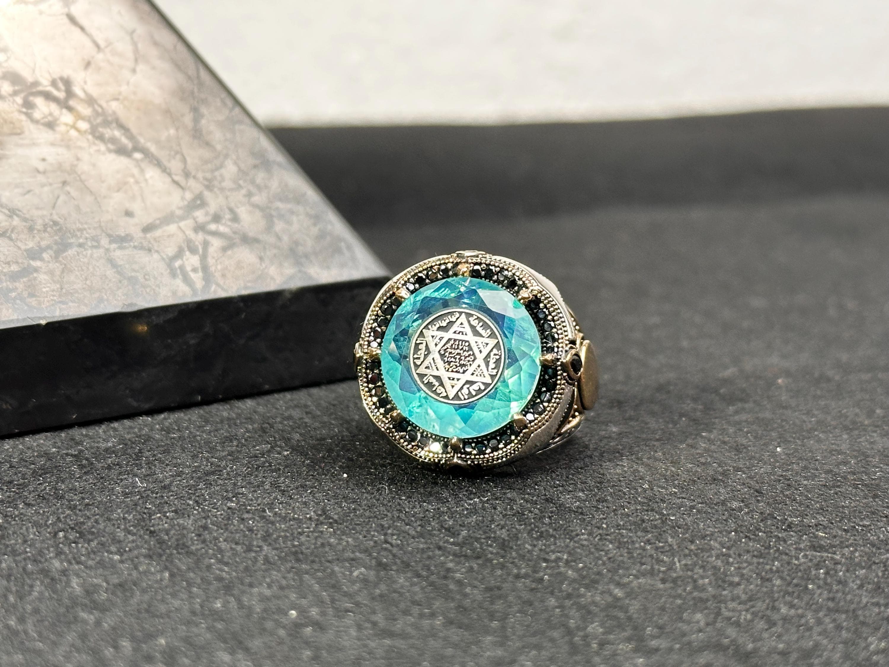 Sterling Silver Seal of Solomon Ring: Paraiba Tourmaline Gemstone