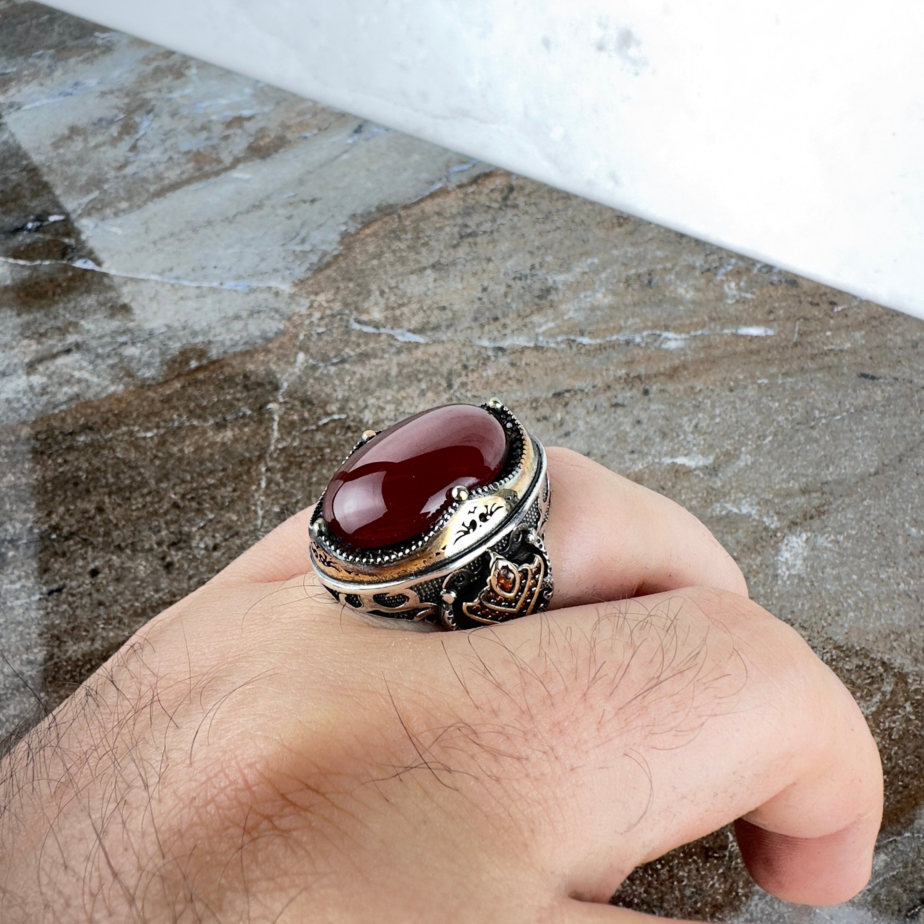 Handmade Aqeeq Silver Ring - Sterling Men's Ottoman Jewelry