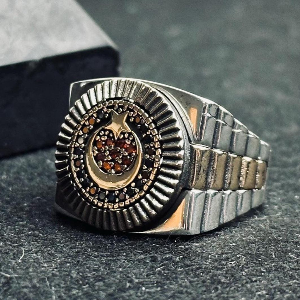 Men's Moon & Star Ring - Geometric Sterling Silver Statement
