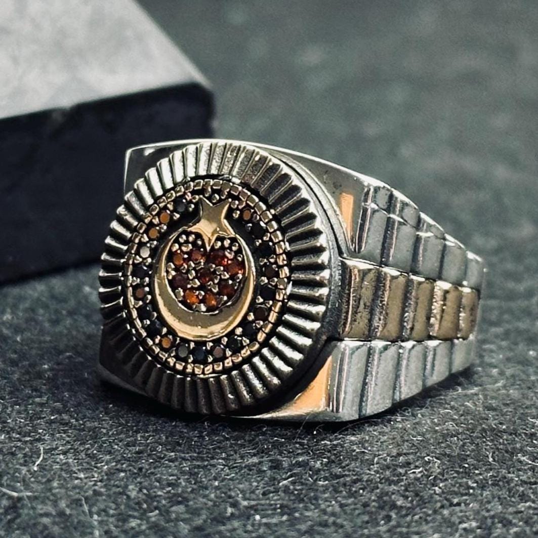 Men's Moon & Star Ring - Geometric Sterling Silver Statement