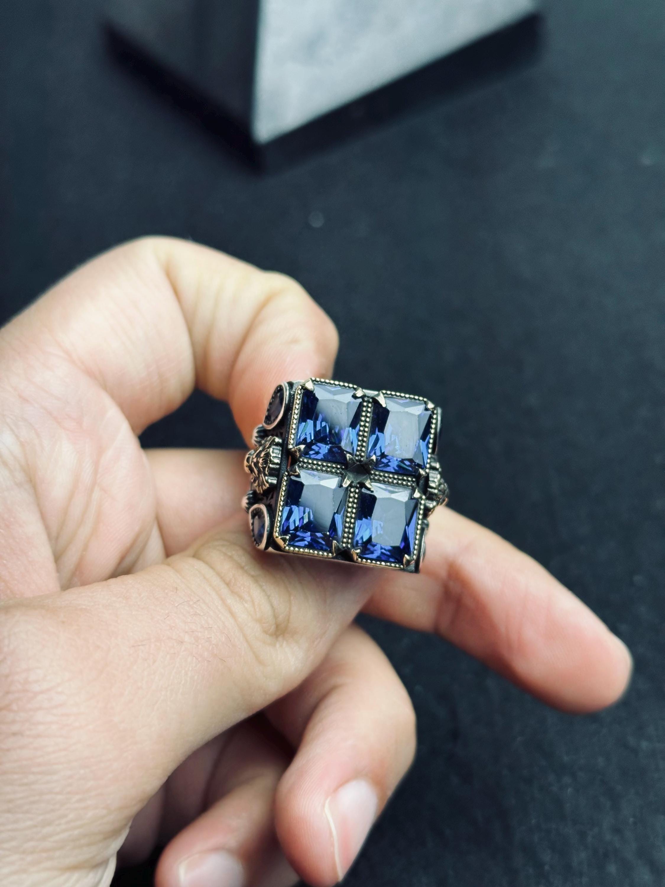 Men’s Statement Ring: Blue Zircon Stones - Handmade Sterling Silver