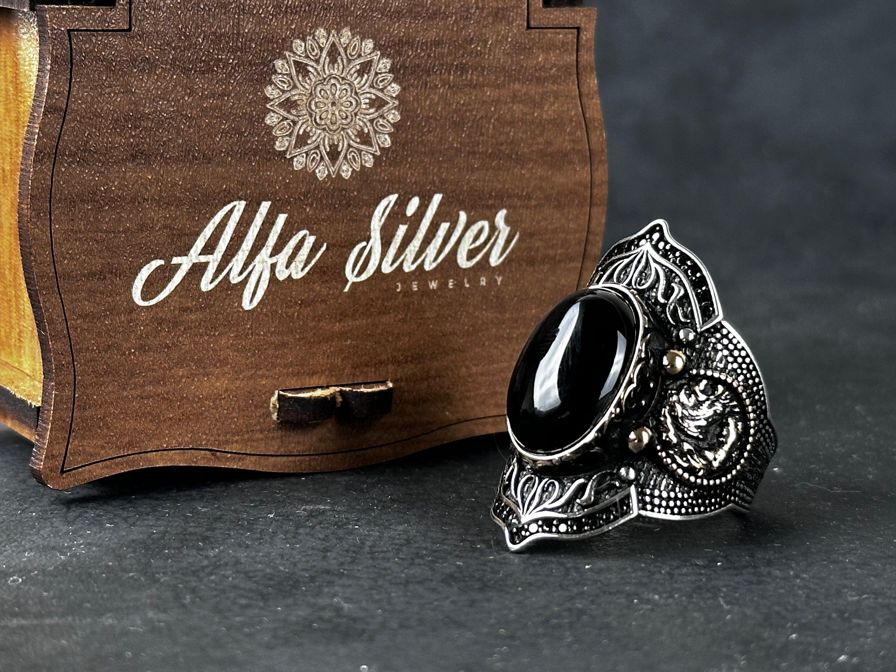 Archer Ring: Sterling Silver with Onyx Stone - Adjustable Statement Piece
