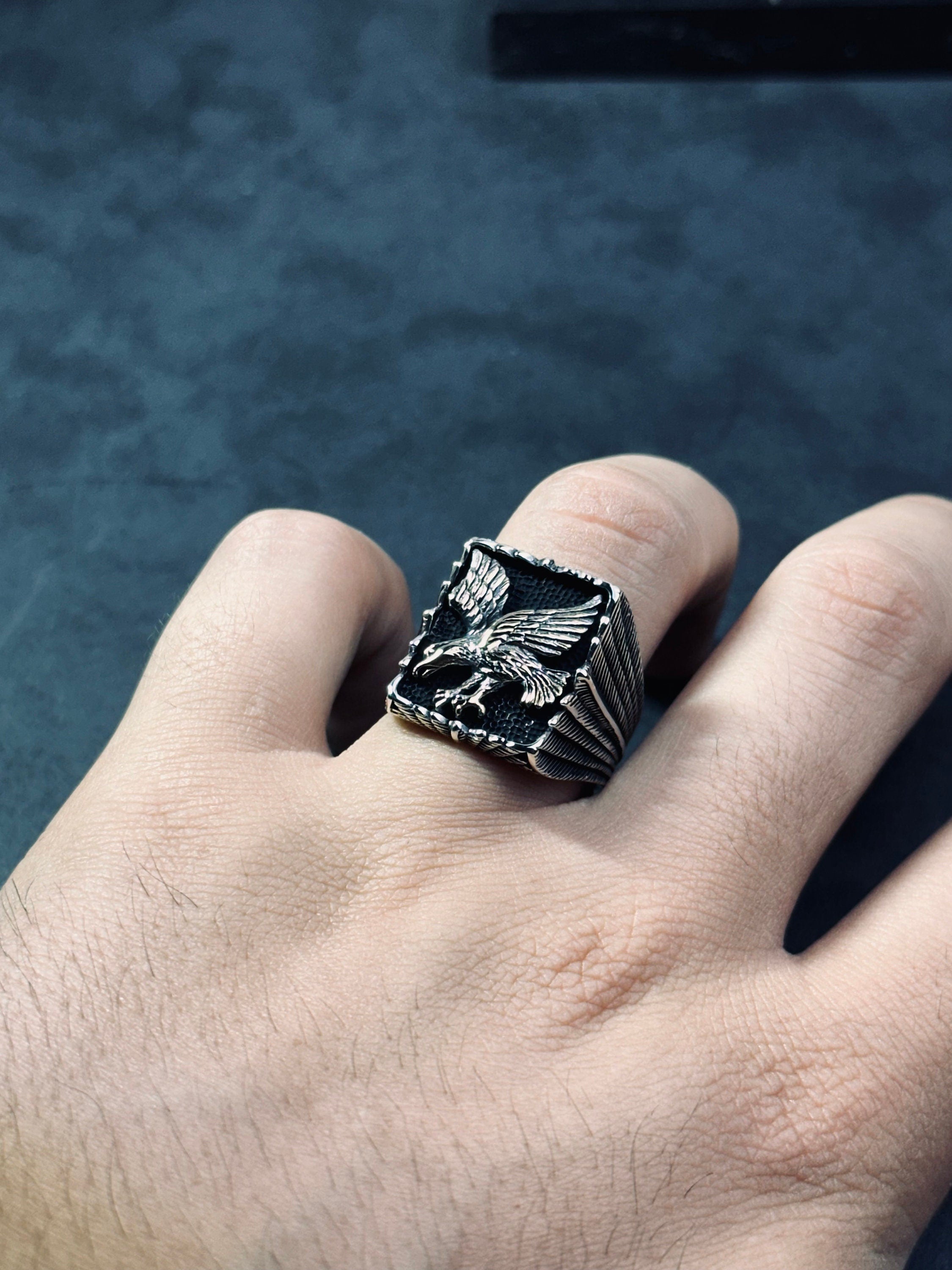Thunderbird Ring: Oxidized Sterling Silver Eagle Band (Handmade)