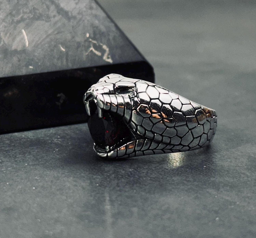 Engraved Sterling Silver Snake Ring: Red Cubic Zirconia Accent