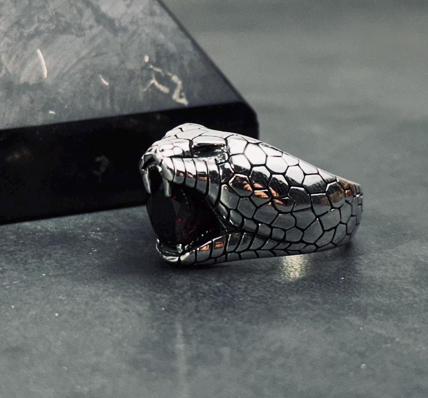 Engraved Sterling Silver Snake Ring: Red Cubic Zirconia Accent