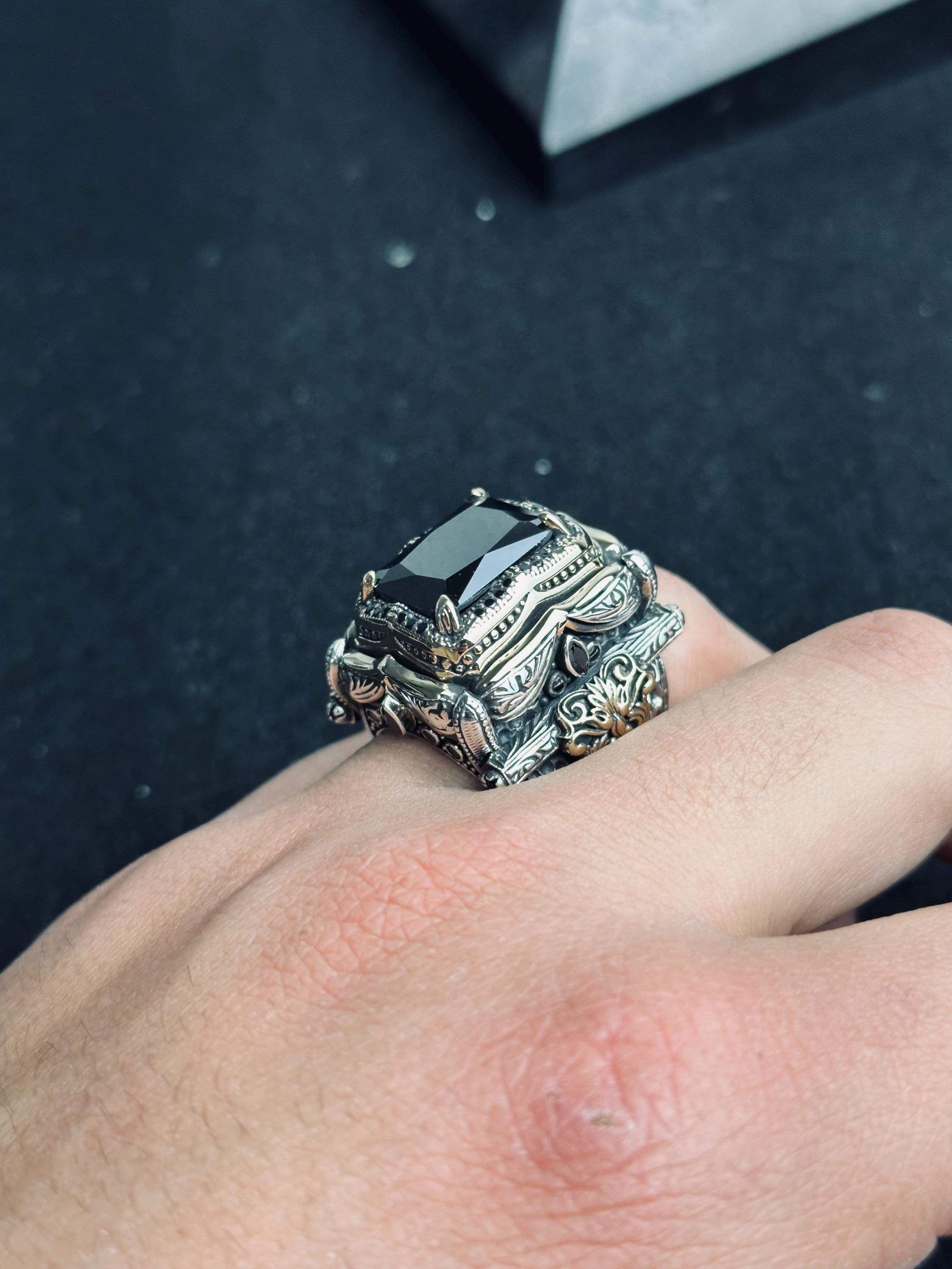 Black Zircon King Ring, 925 Sterling Silver Gothic Statement Jewelry