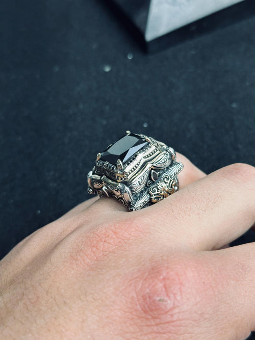 Black Zircon King Ring, 925 Sterling Silver Gothic Statement Jewelry