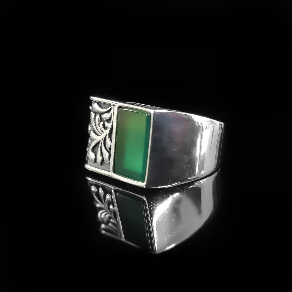 Sterling Silver Ring: Green Agate Stone - Handmade Men's Jewelry