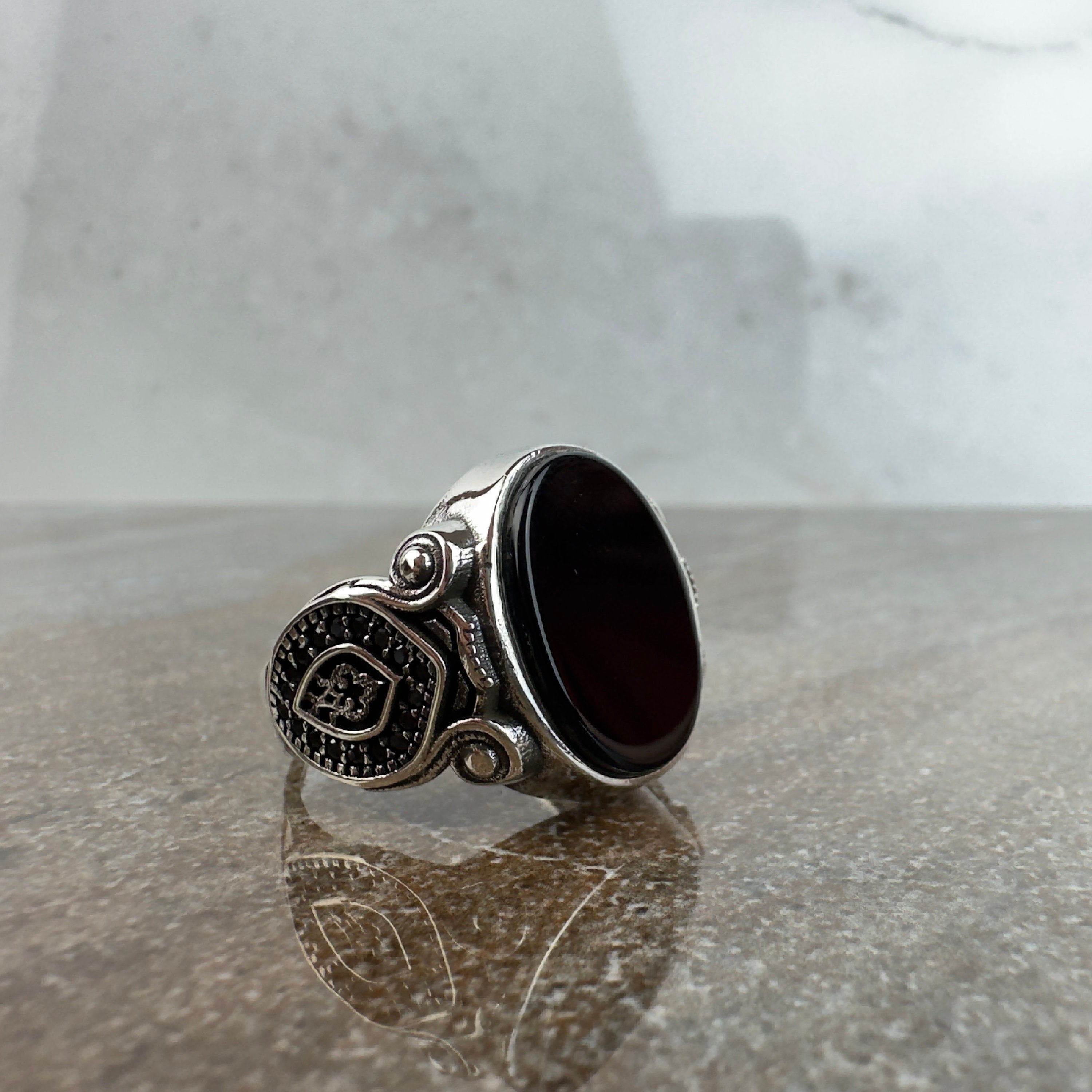 Sterling Silver Ring: Onyx Gemstone with Eagle Design - Handmade