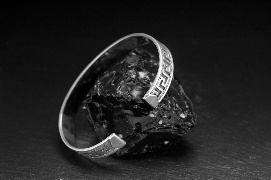 Engraved Silver Cuff Bracelet: Greek Key Pattern (Sterling, Handmade)
