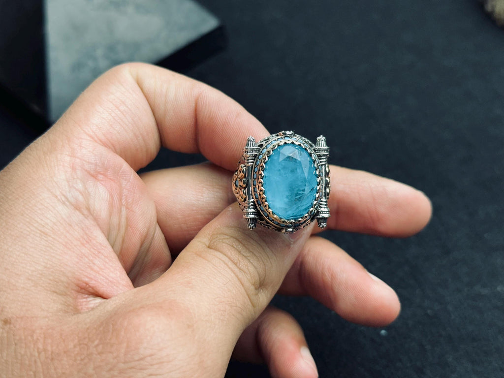 Aquamarine Signet Ring - Oval Blue Stone in Sterling Silver