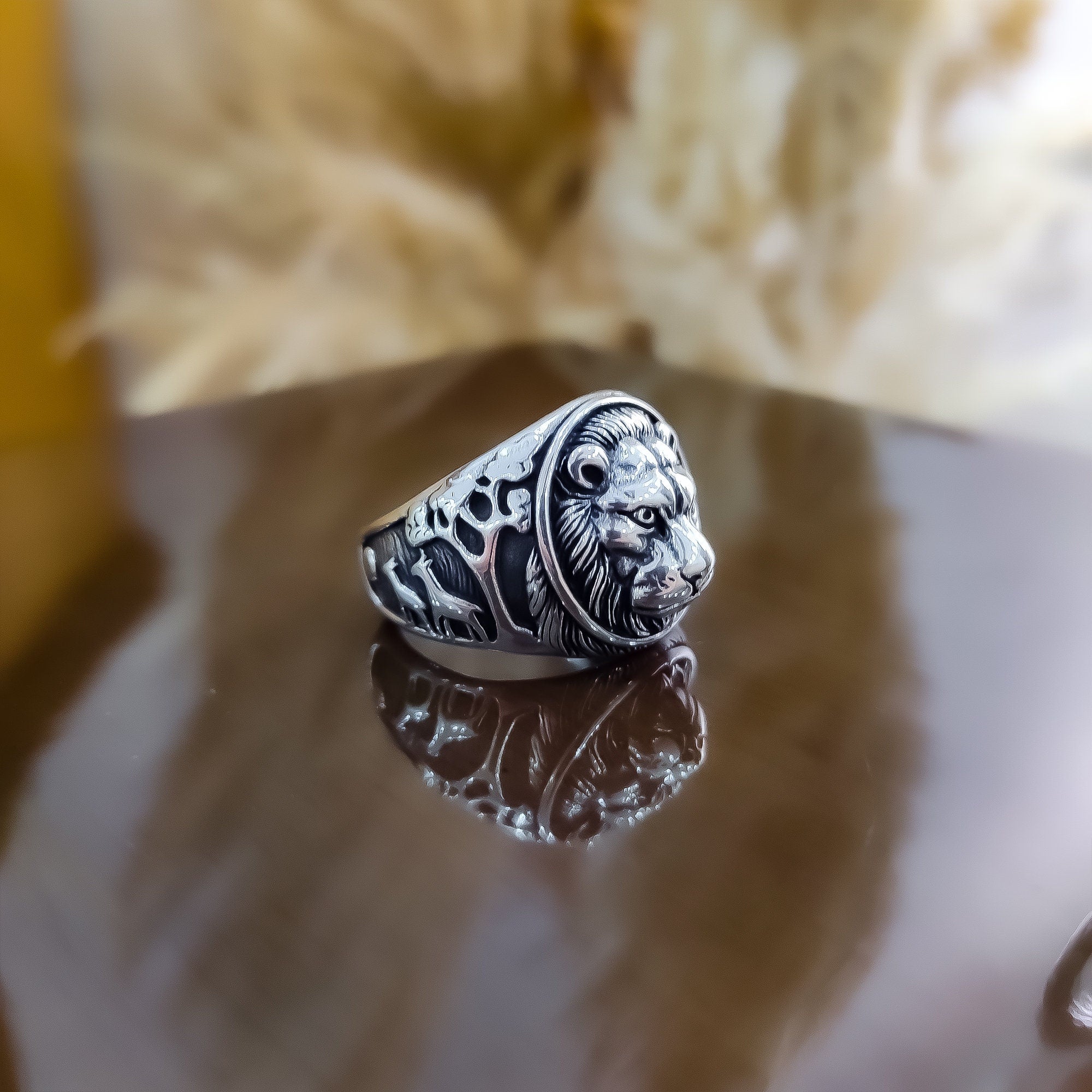 Lion Head Sterling Silver Ring, Green Agate Mystic (Men's Size 7)