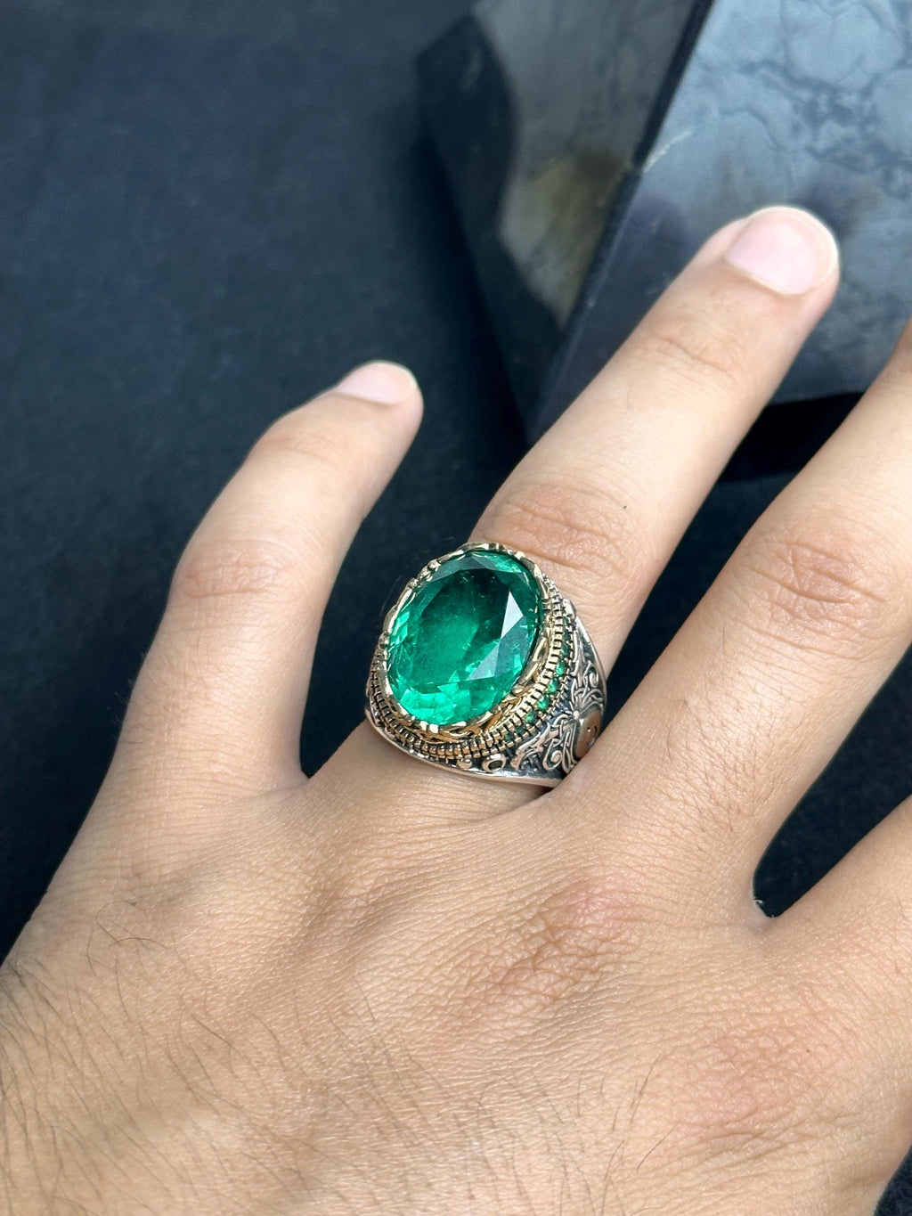 Oxidized Sterling Silver Ring - Green Cubic Zirconia Stone for Men
