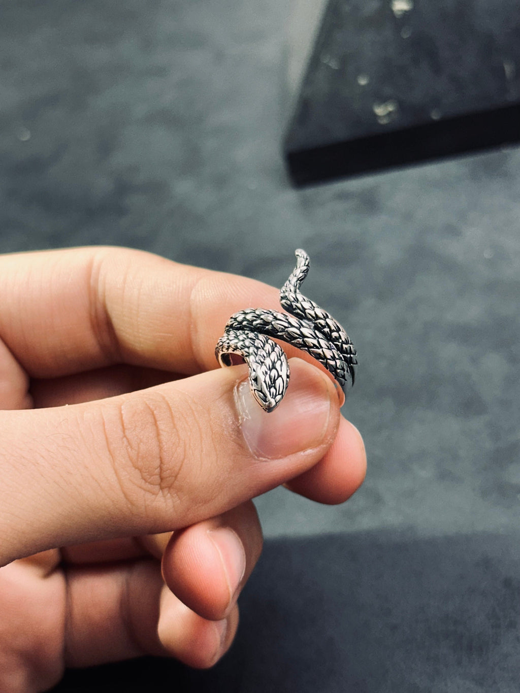 Sterling Silver Snake Ring, Oxidized Finish (Adjustable, Handmade)