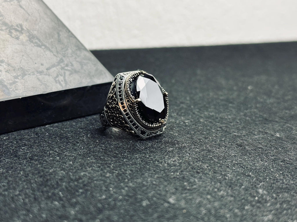 Black Zircon Men's Ring: Sterling Silver Zulfiqar Sword