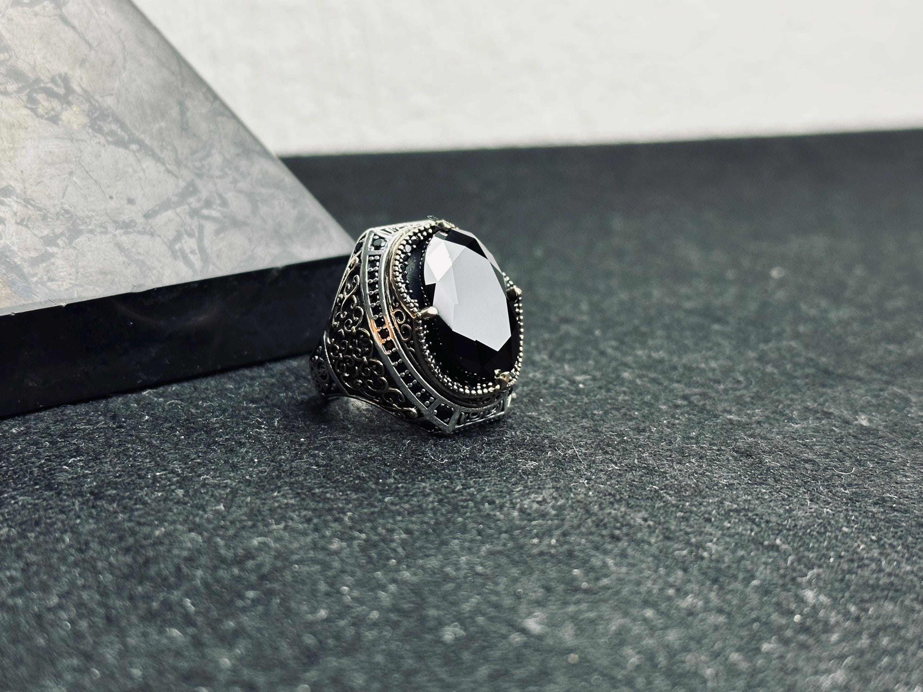 Black Zircon Men's Ring: Sterling Silver Zulfiqar Sword