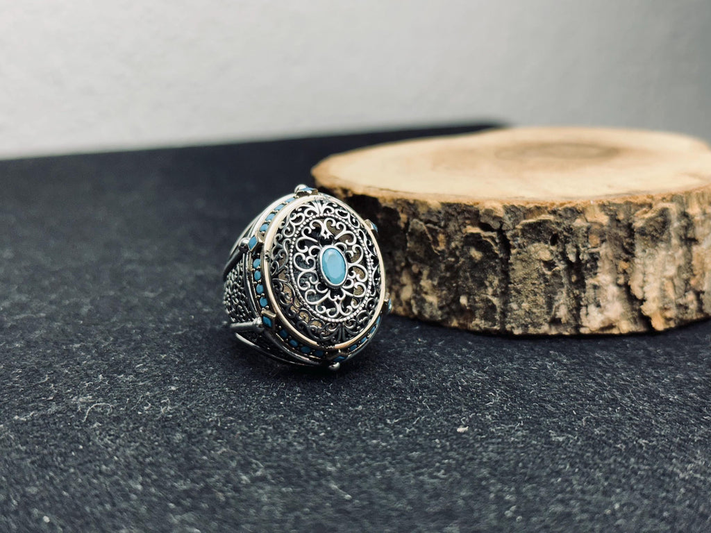 Turquoise Ring: Handmade Turkish Sterling Silver (Oval, Men's Size)