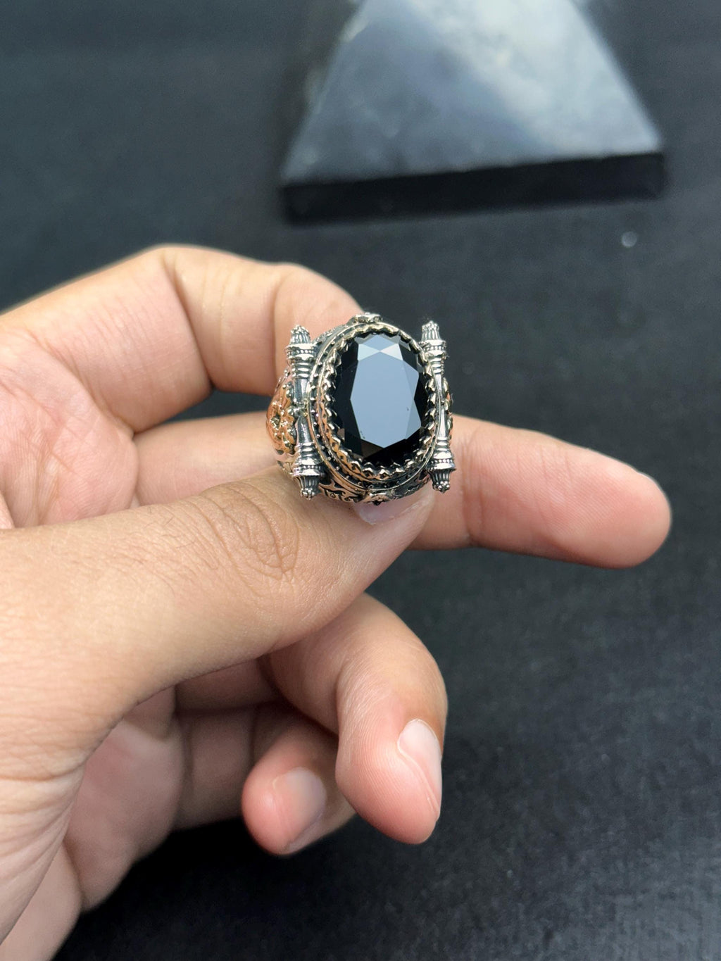Sterling Silver Men's Ring, Black Zircon Statement (Handmade)