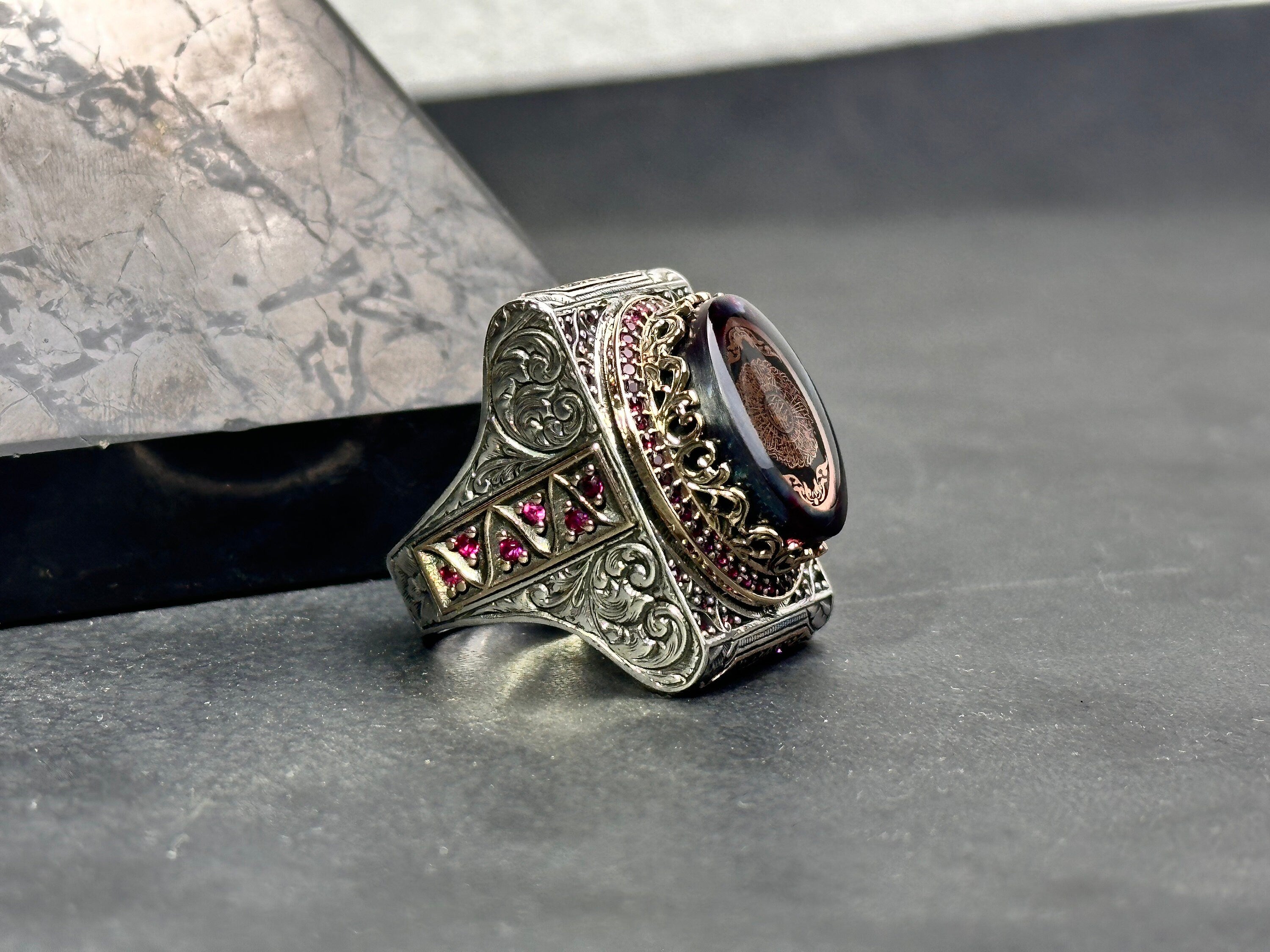 Sterling Silver Amber Ring - Handmade Arabic Inshirah Statement