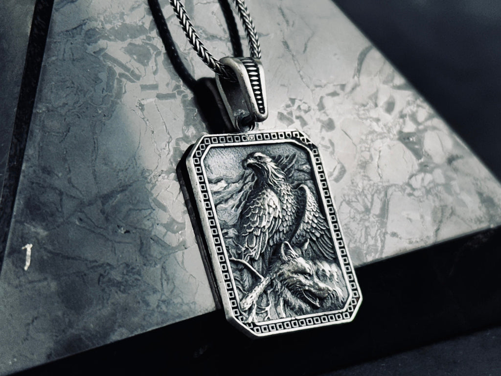 Silver Eagle Wolf Pendant Necklace: Handcrafted Statement Jewelry