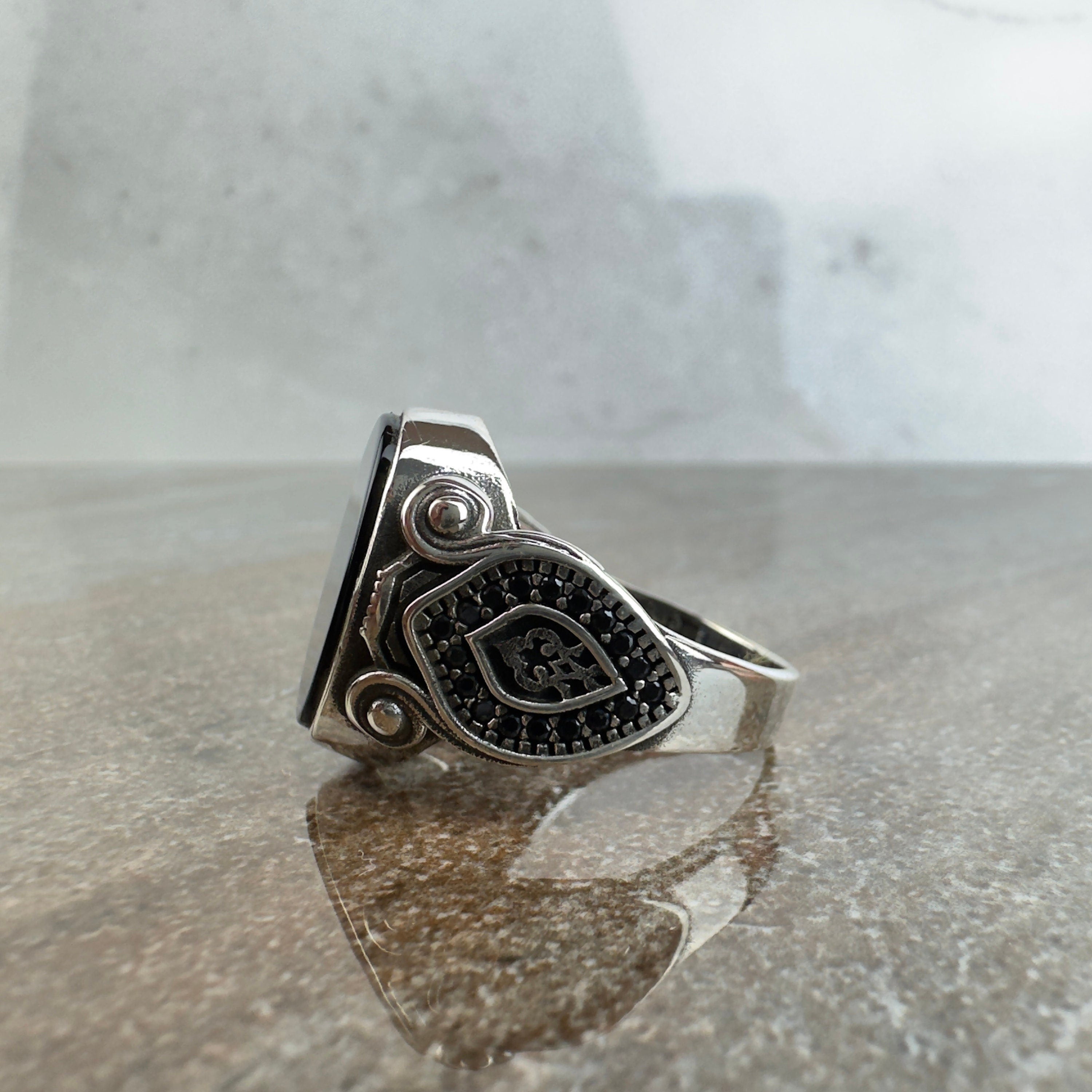 Sterling Silver Ring: Onyx Gemstone with Eagle Design - Handmade