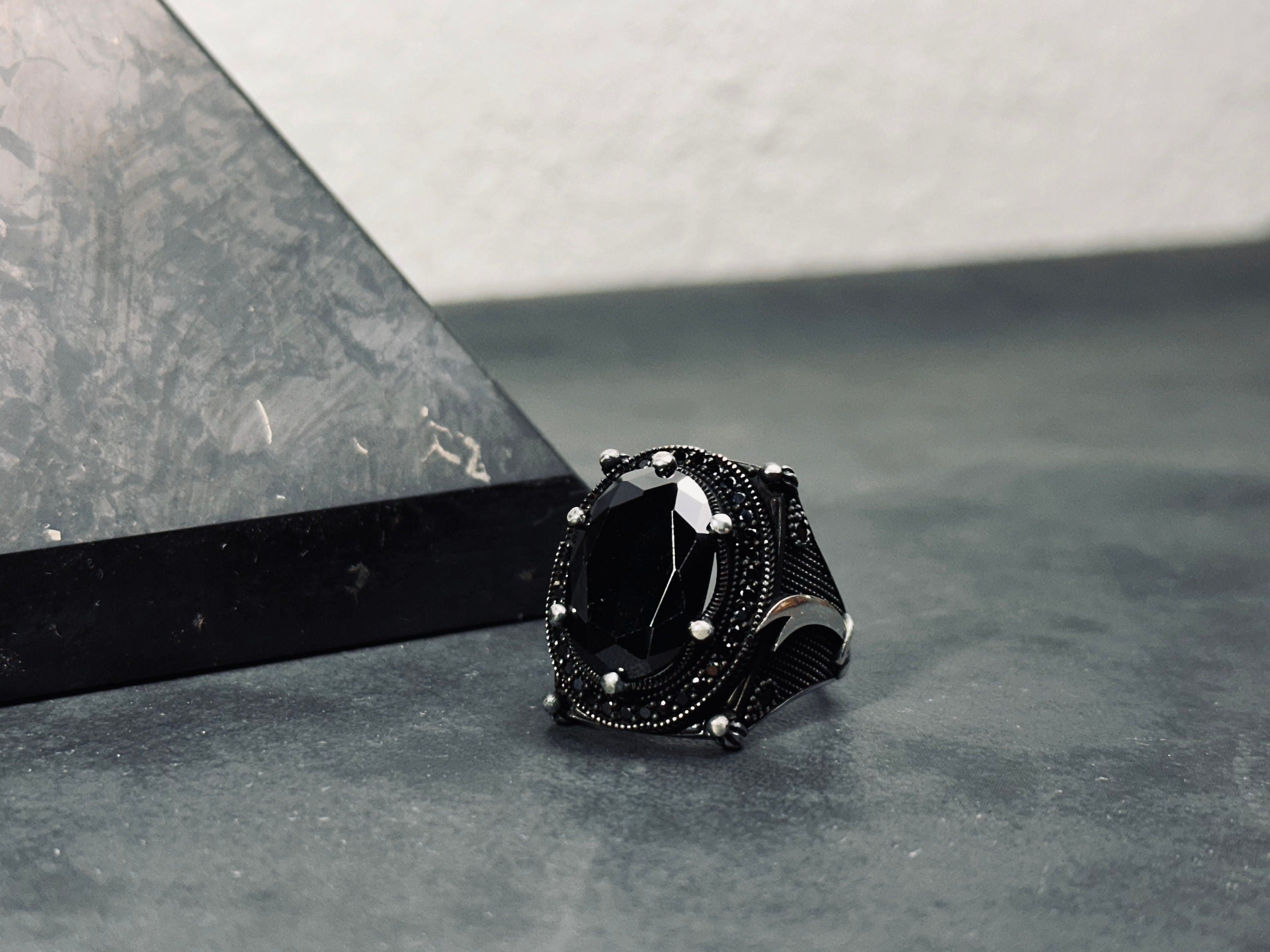 Hazrat Ali Sword Ring, Black Zircon, Sterling Silver (Men's Size)