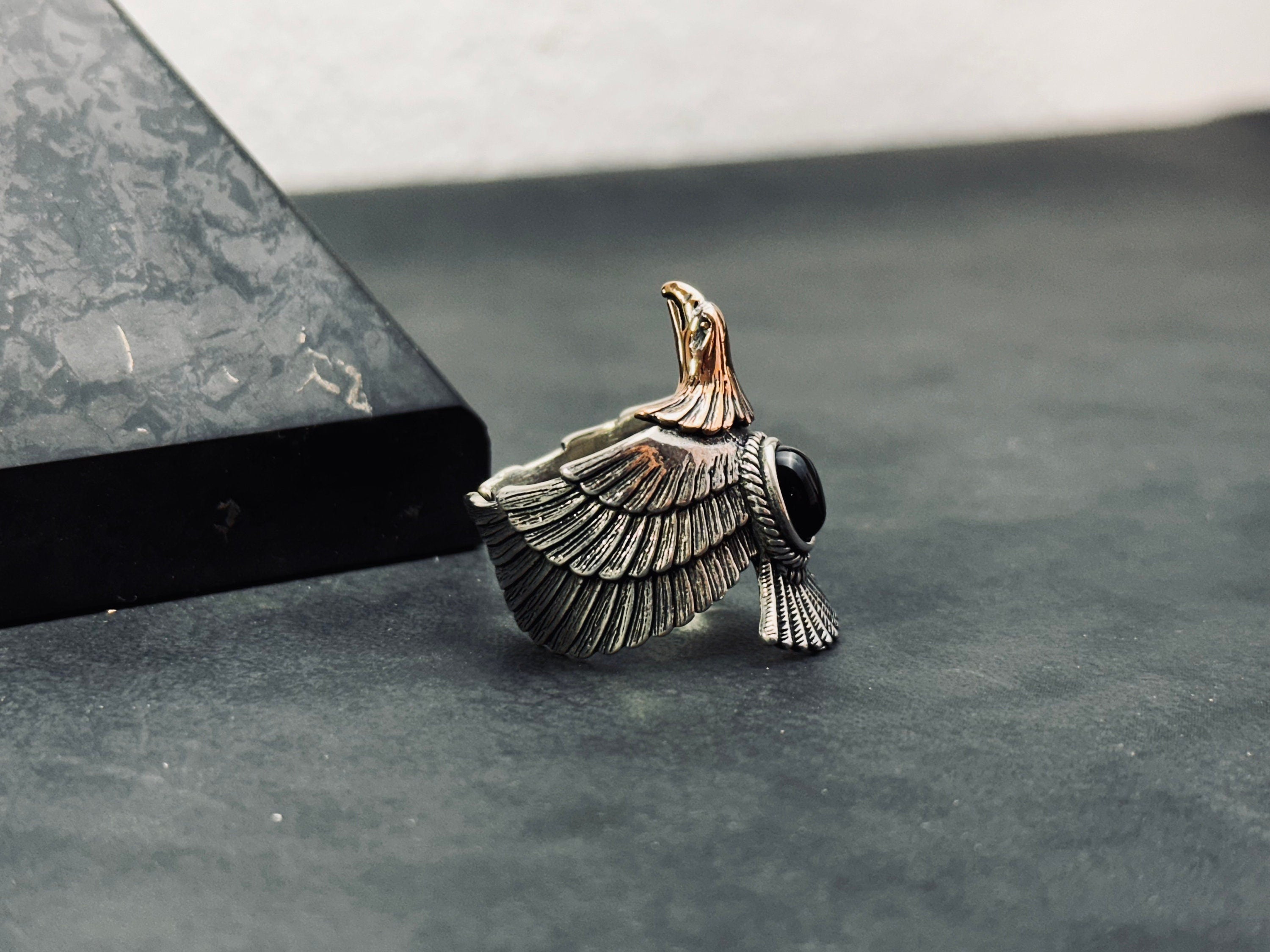 Eagle Ring: Onyx Stone, Sterling Silver - Adjustable Oxidized Finish